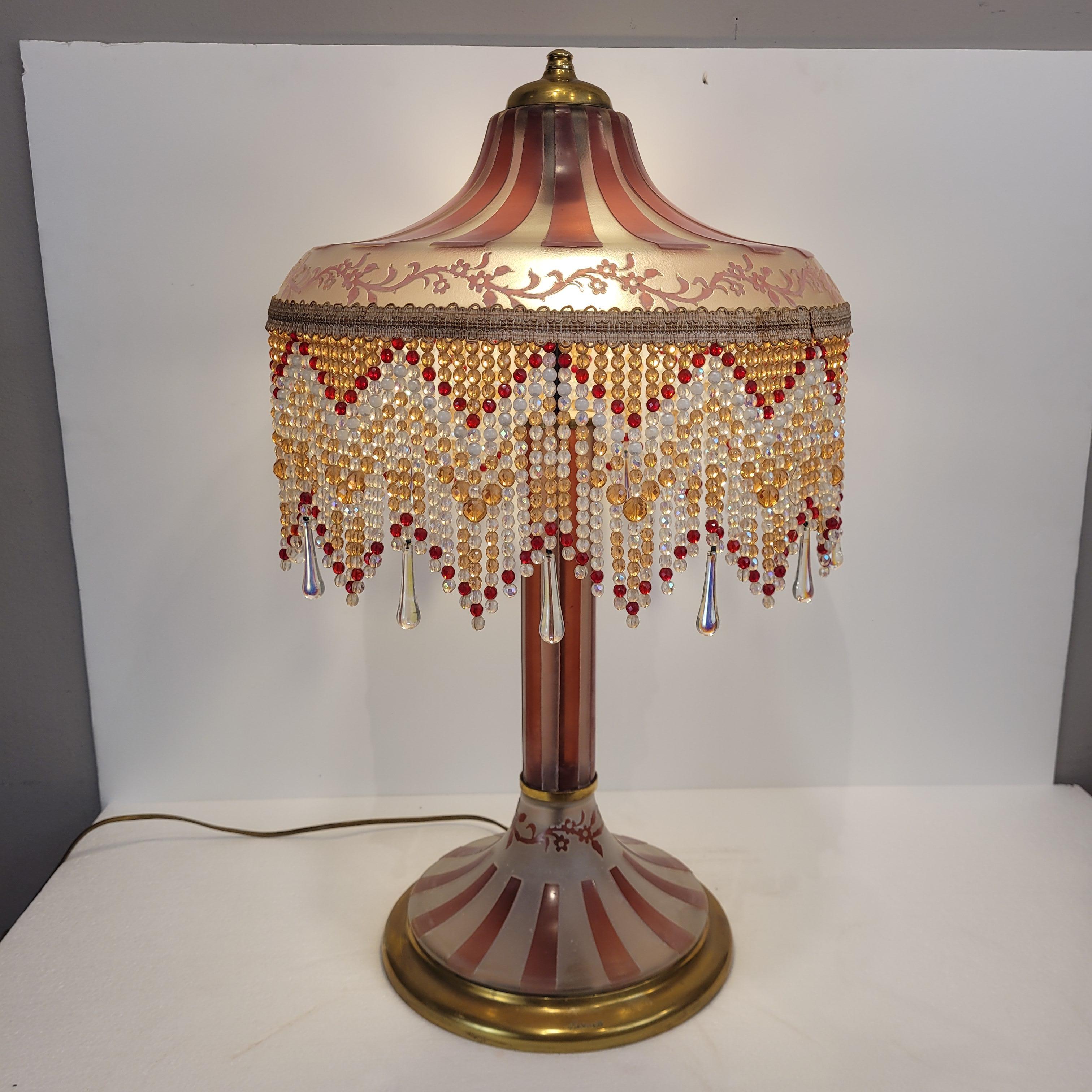 Glass French Pink Vintage Suberville table lamp, Art Nouveau style, etched glass For Sale