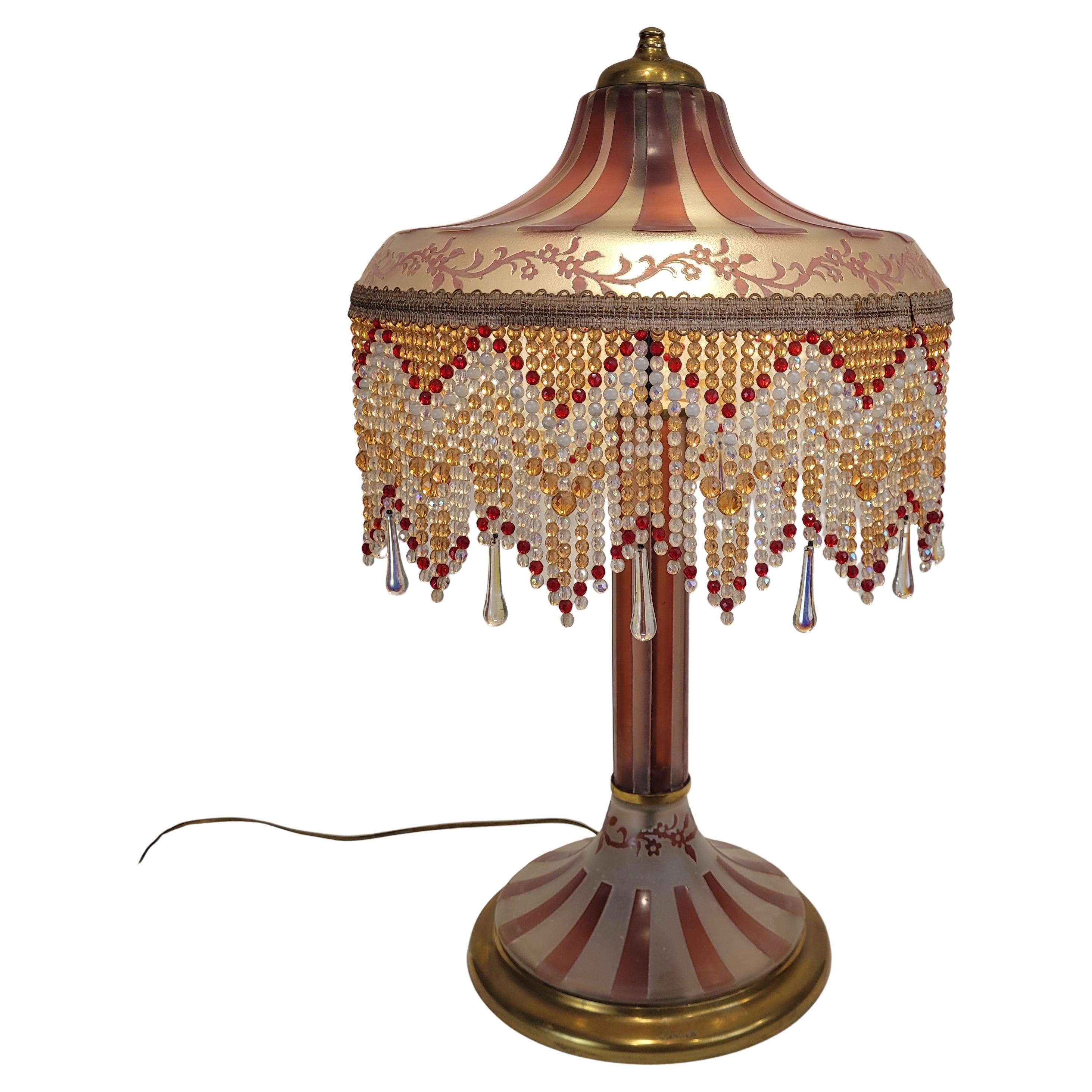 French Pink Vintage Suberville table lamp, Art Nouveau style, etched glass For Sale