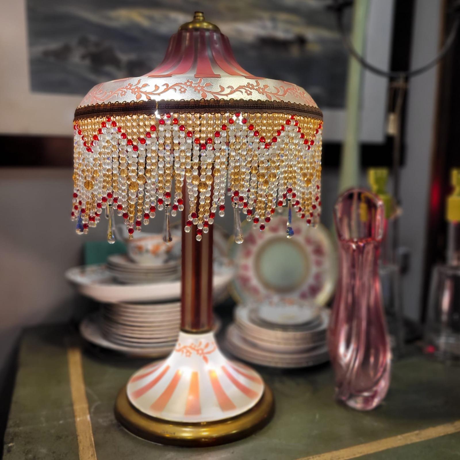 French Pink Vintage Suberville table lamp, Art Nouveau style, etched glass For Sale 14