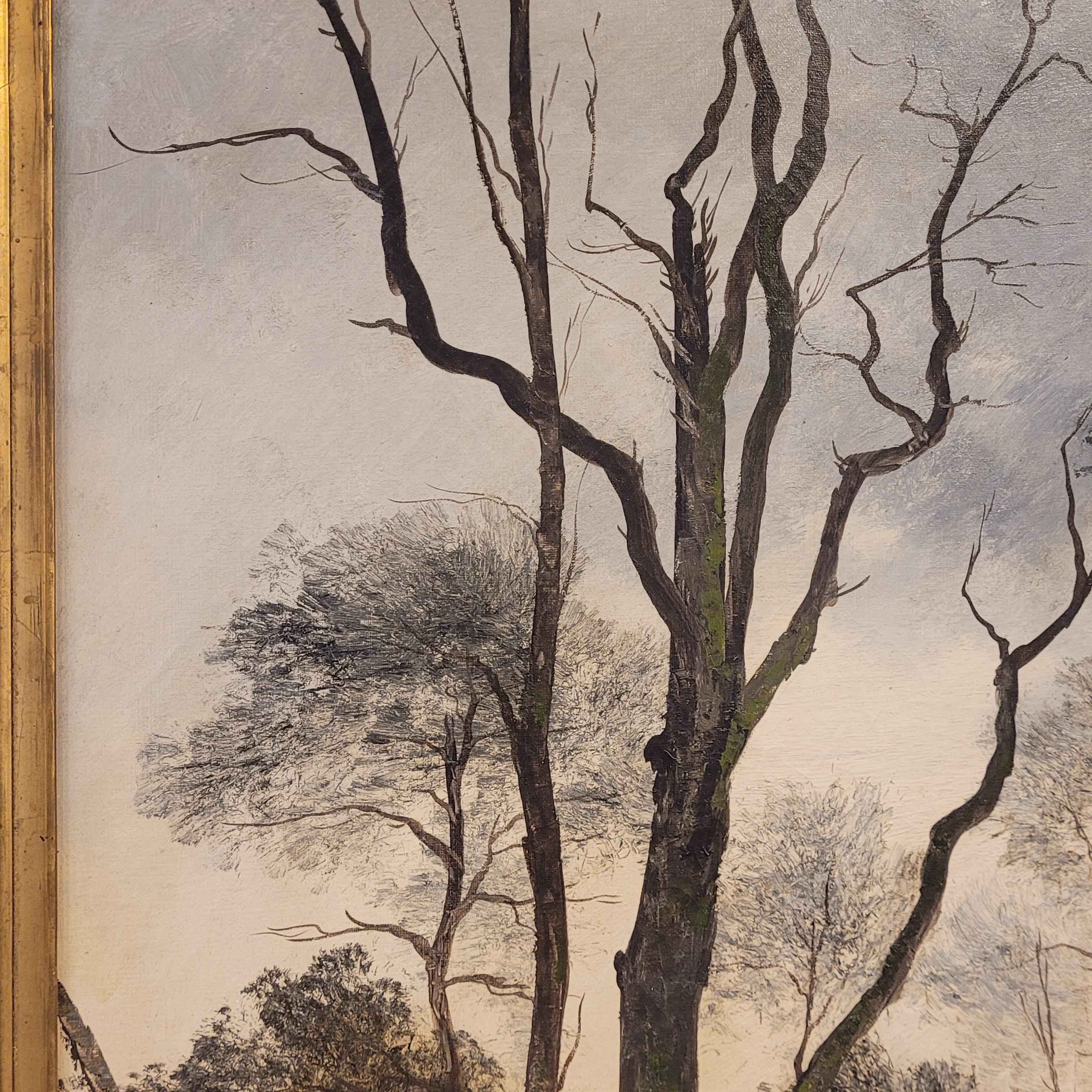 French Pinting   Adrien Rousseau, Barbizon School Sunset in the Fontainebleau  For Sale 7