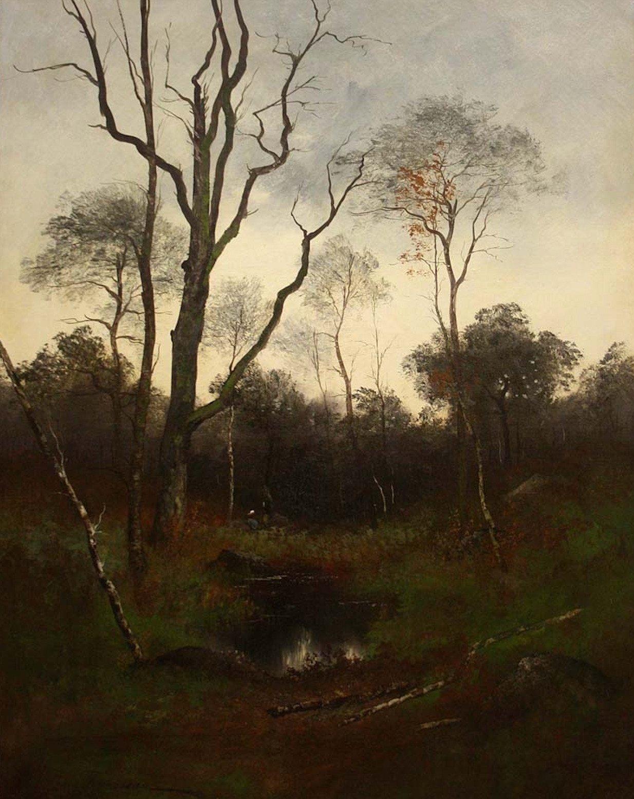 French Pinting   Adrien Rousseau, Barbizon School Sunset in the Fontainebleau  For Sale 10