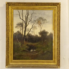 Pinting français Adrien Rousseau, école de Barbizon Coucher de soleil à Fontainebleau