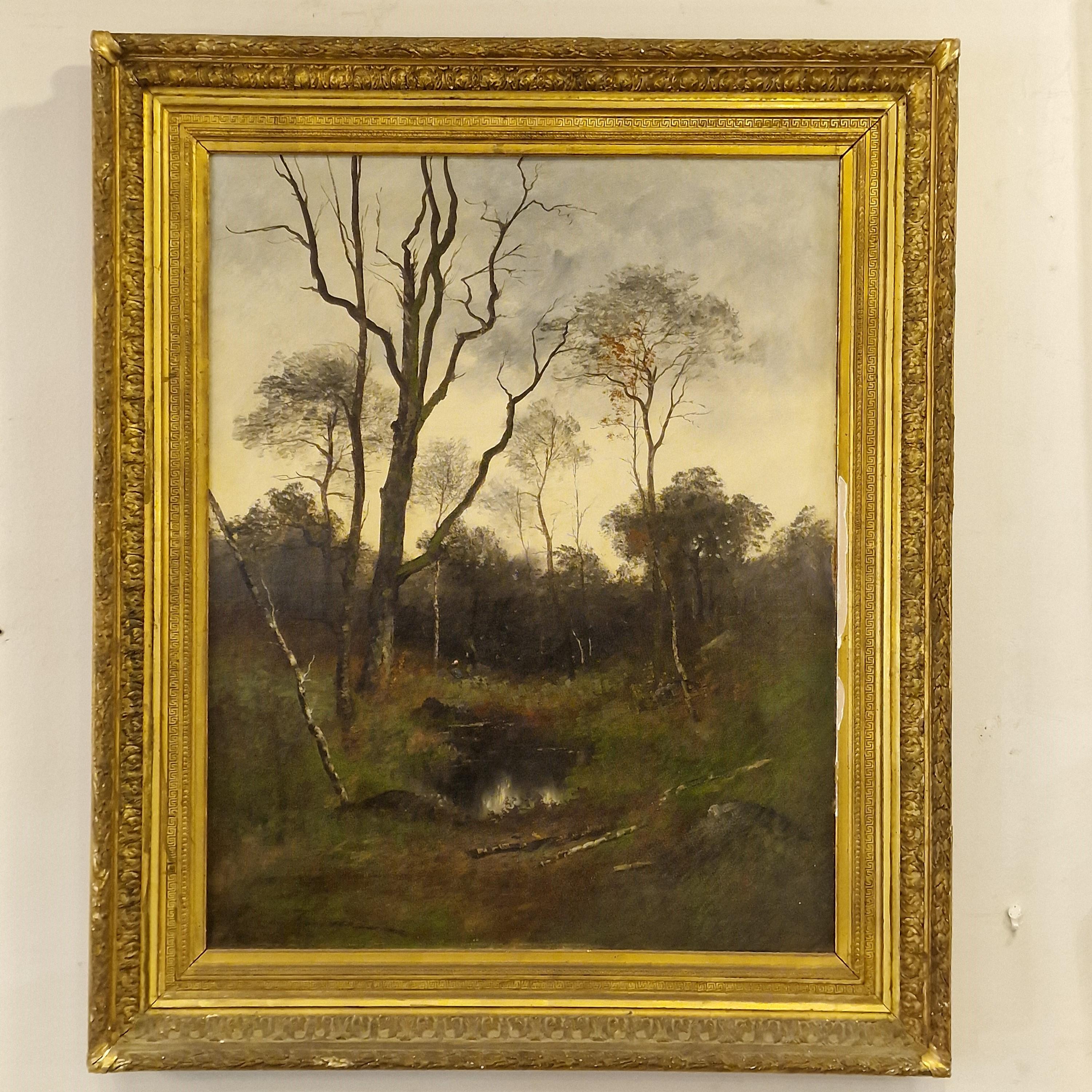 French Pinting   Adrien Rousseau, Barbizon School Sunset in the Fontainebleau  For Sale 13