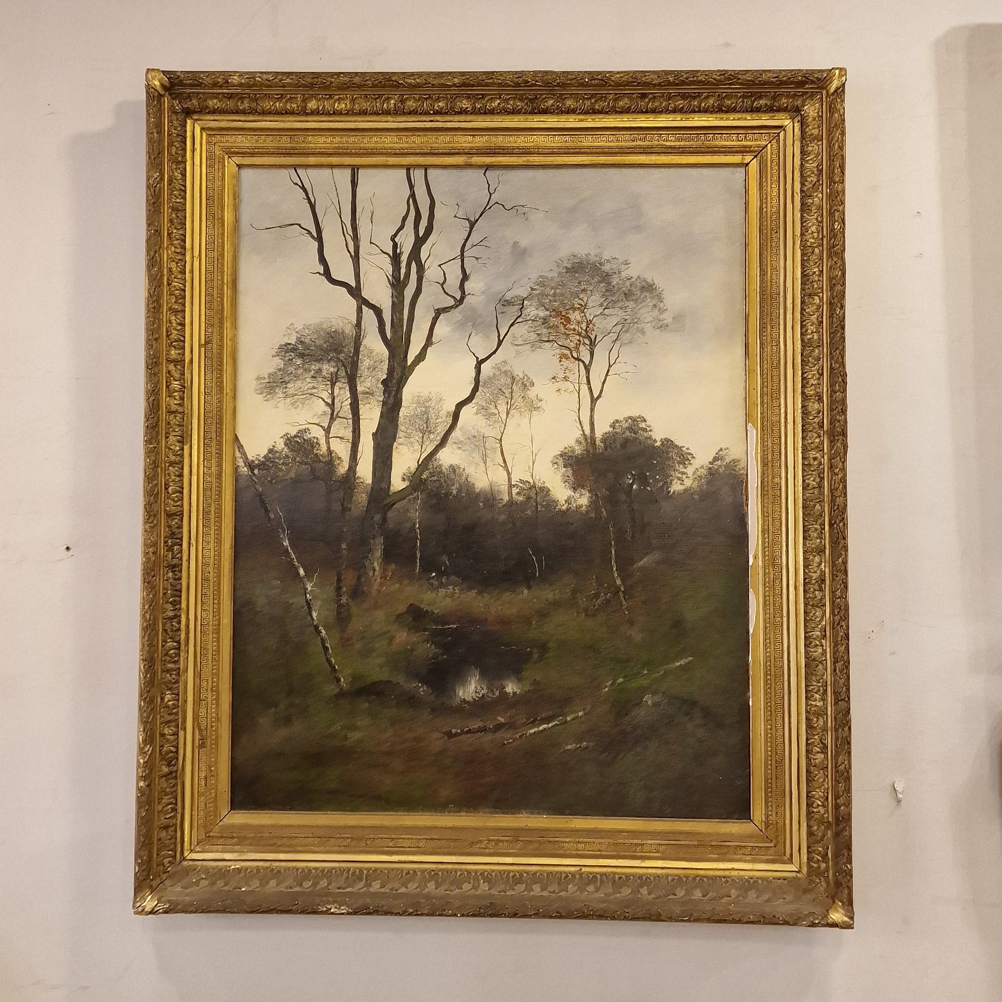 Napoleon III French Pinting   Adrien Rousseau, Barbizon School Sunset in the Fontainebleau  For Sale