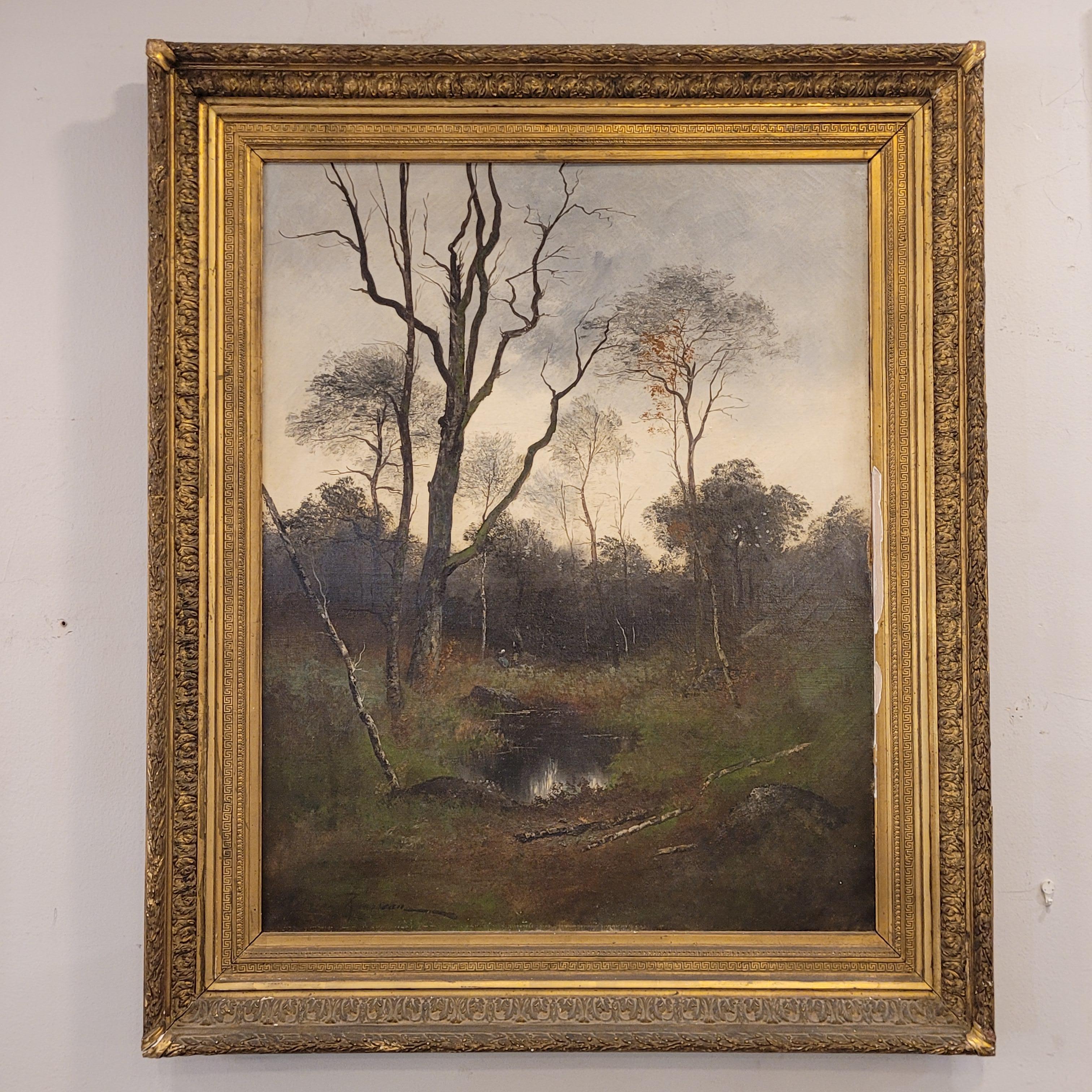 Hand-Painted French Pinting   Adrien Rousseau, Barbizon School Sunset in the Fontainebleau  For Sale
