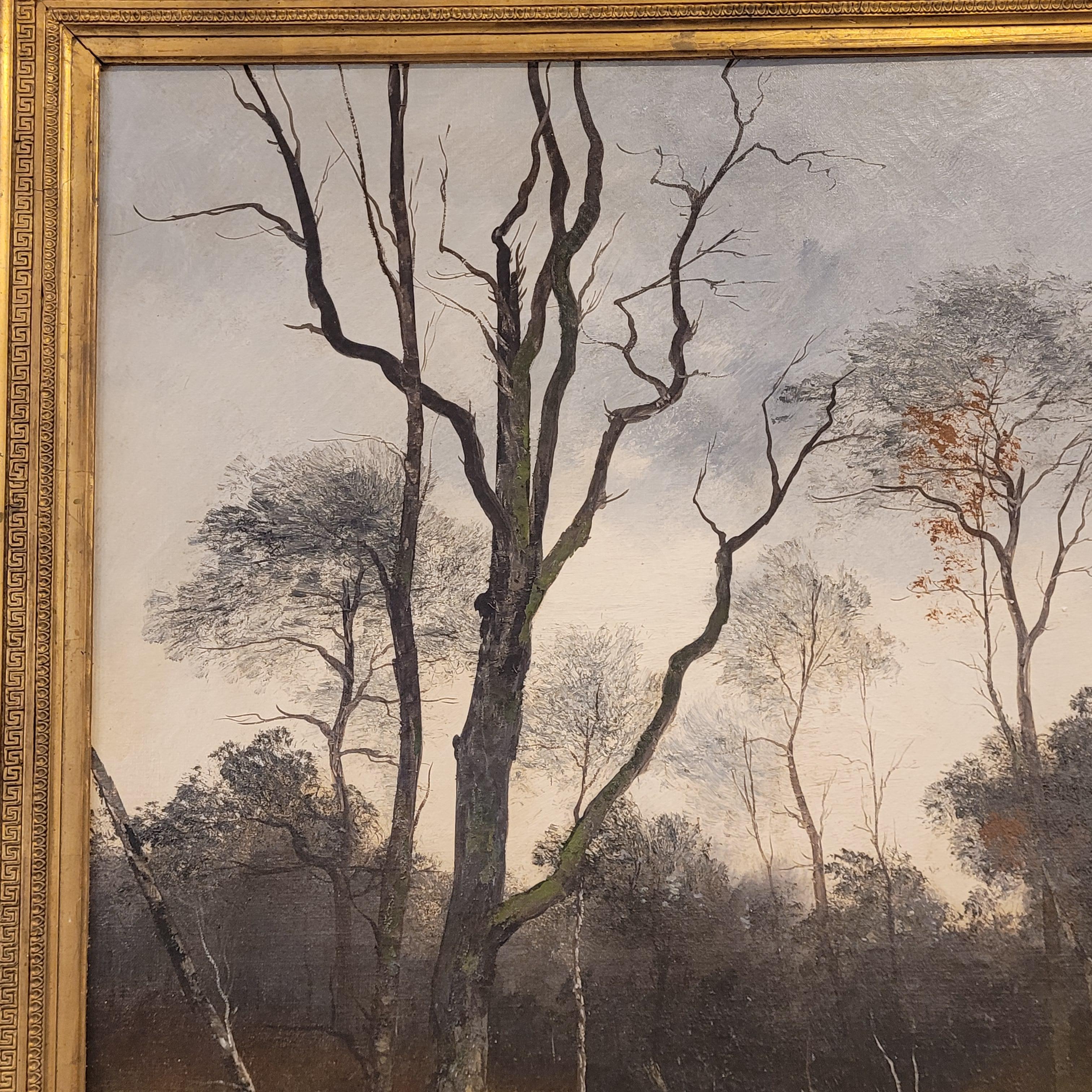 French Pinting   Adrien Rousseau, Barbizon School Sunset in the Fontainebleau  In Good Condition For Sale In Valladolid, ES