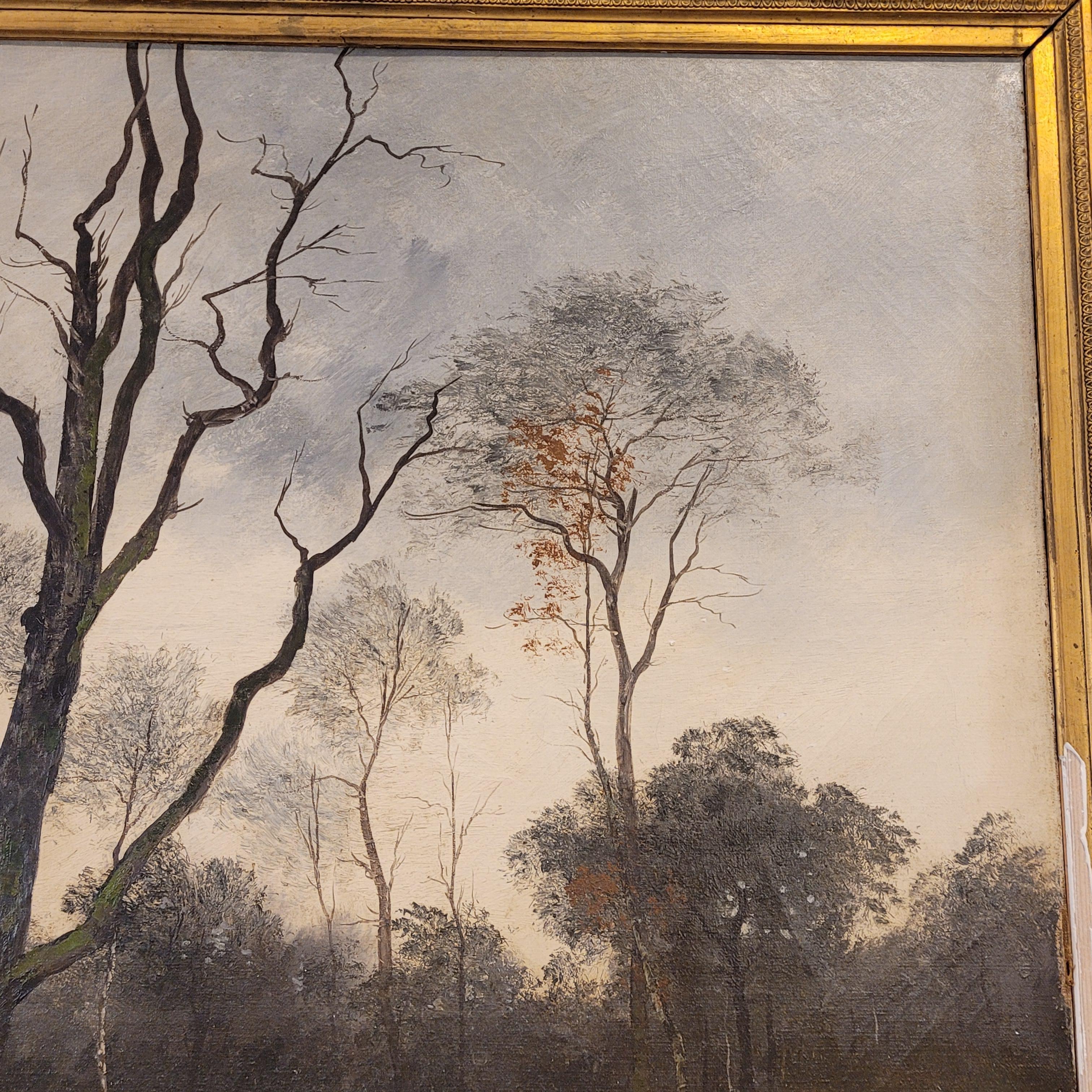 Mid-19th Century French Pinting   Adrien Rousseau, Barbizon School Sunset in the Fontainebleau  For Sale