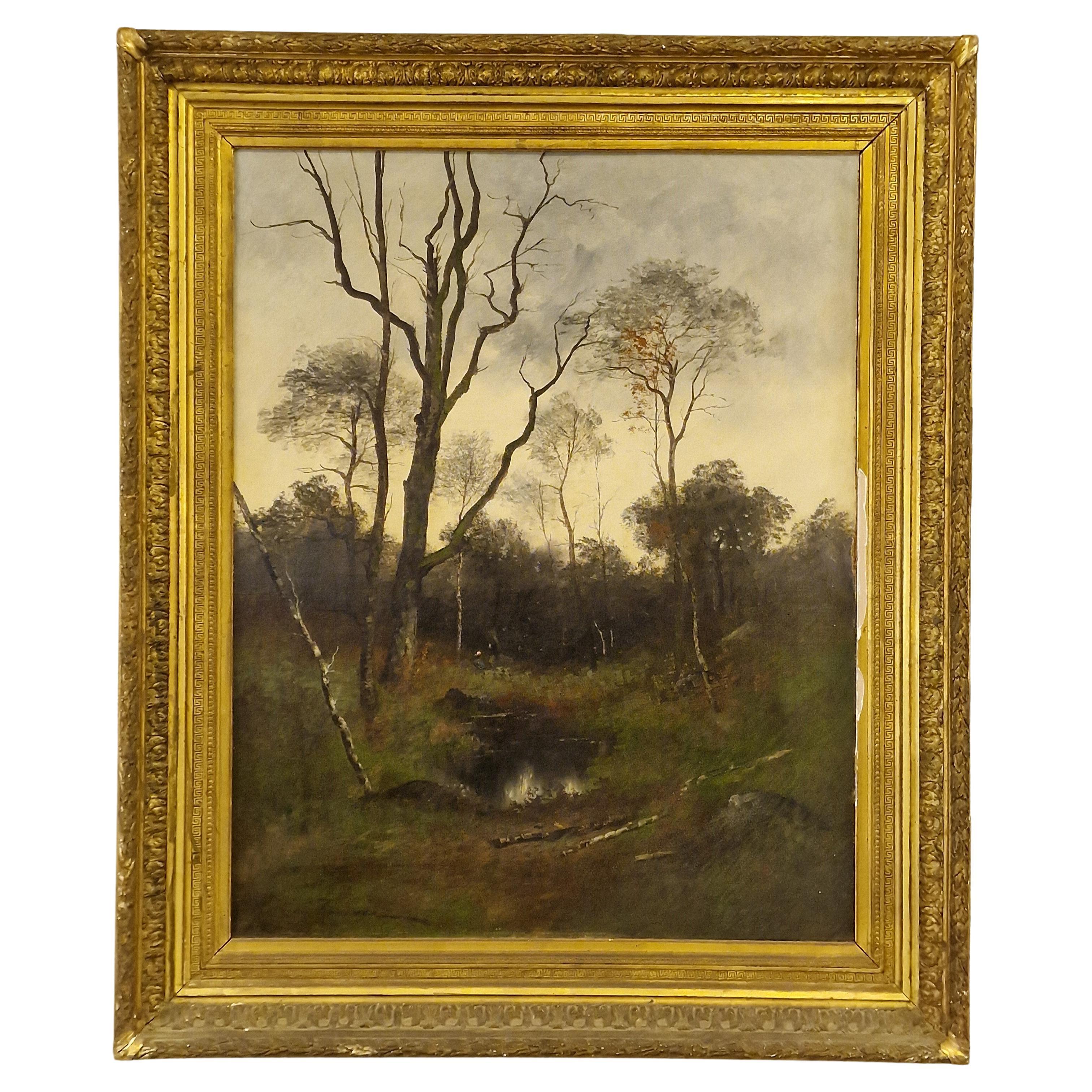 French Pinting   Adrien Rousseau, Barbizon School Sunset in the Fontainebleau  For Sale