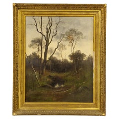 Antique French Pinting   Adrien Rousseau, Barbizon School Sunset in the Fontainebleau 