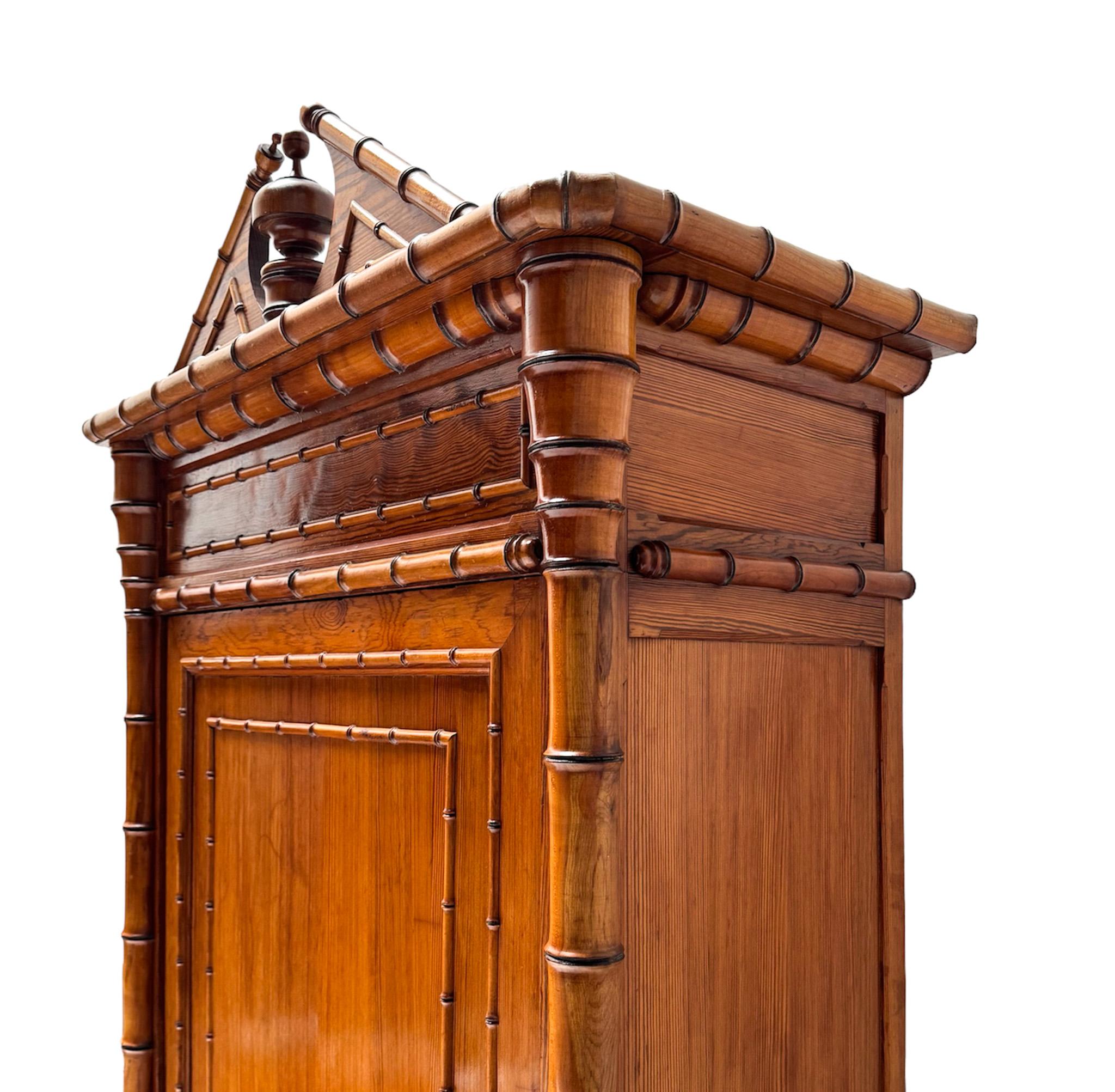 French Pitch-Pine Faux Bamboo Armoire or Wardrobe, 1900s 5