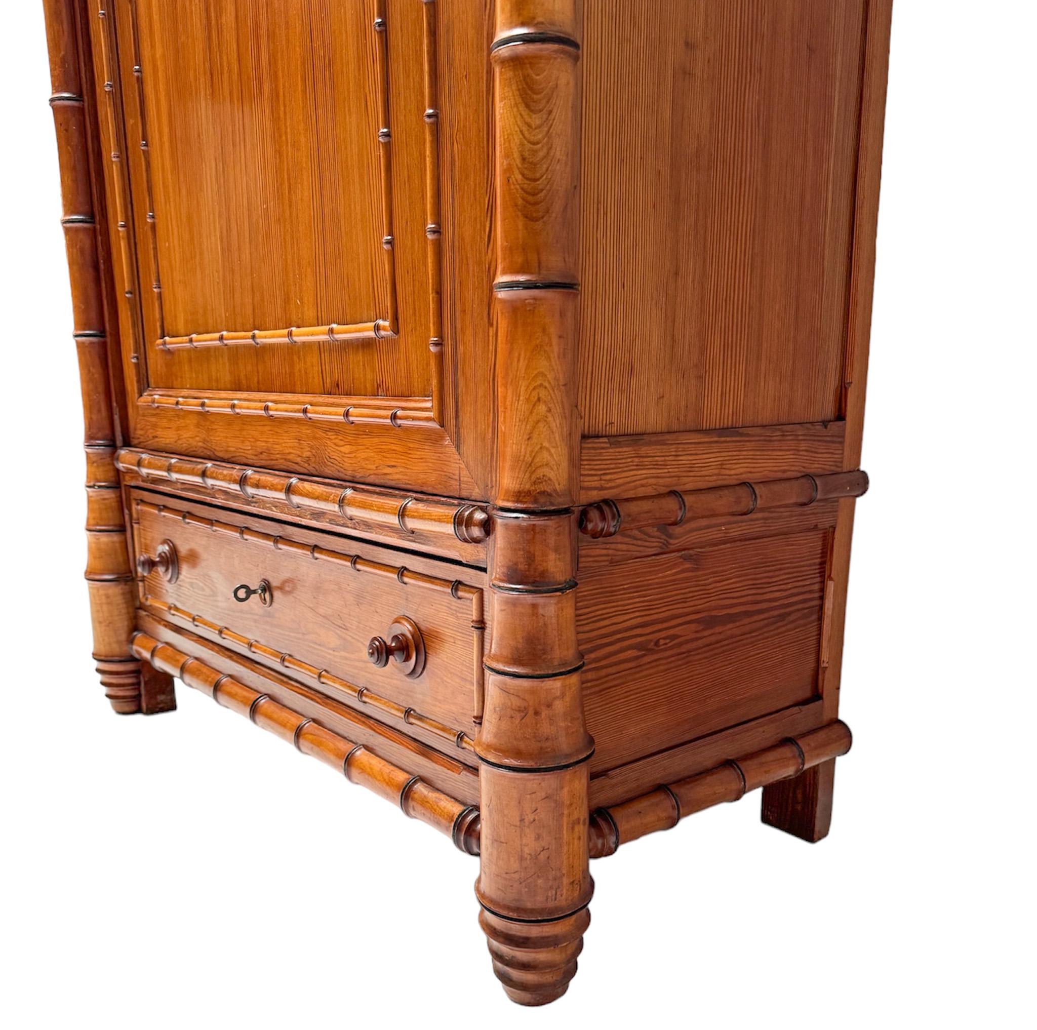 French Pitch-Pine Faux Bamboo Armoire or Wardrobe, 1900s 6