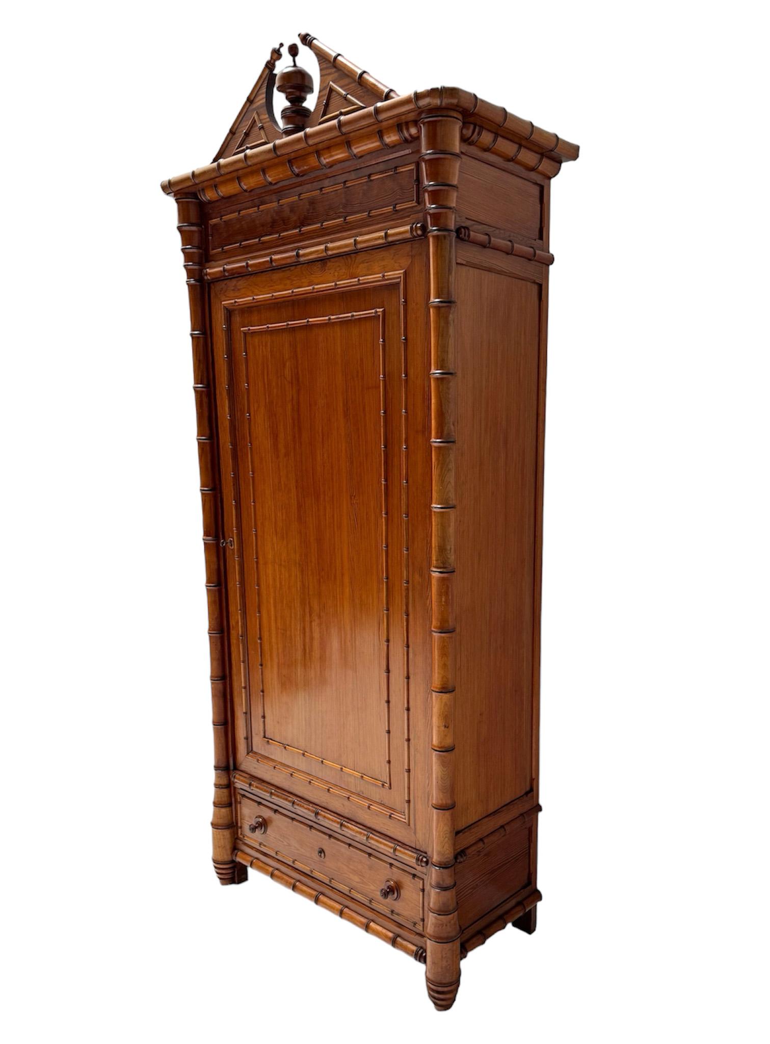 French Provincial French Pitch-Pine Faux Bamboo Armoire or Wardrobe, 1900s