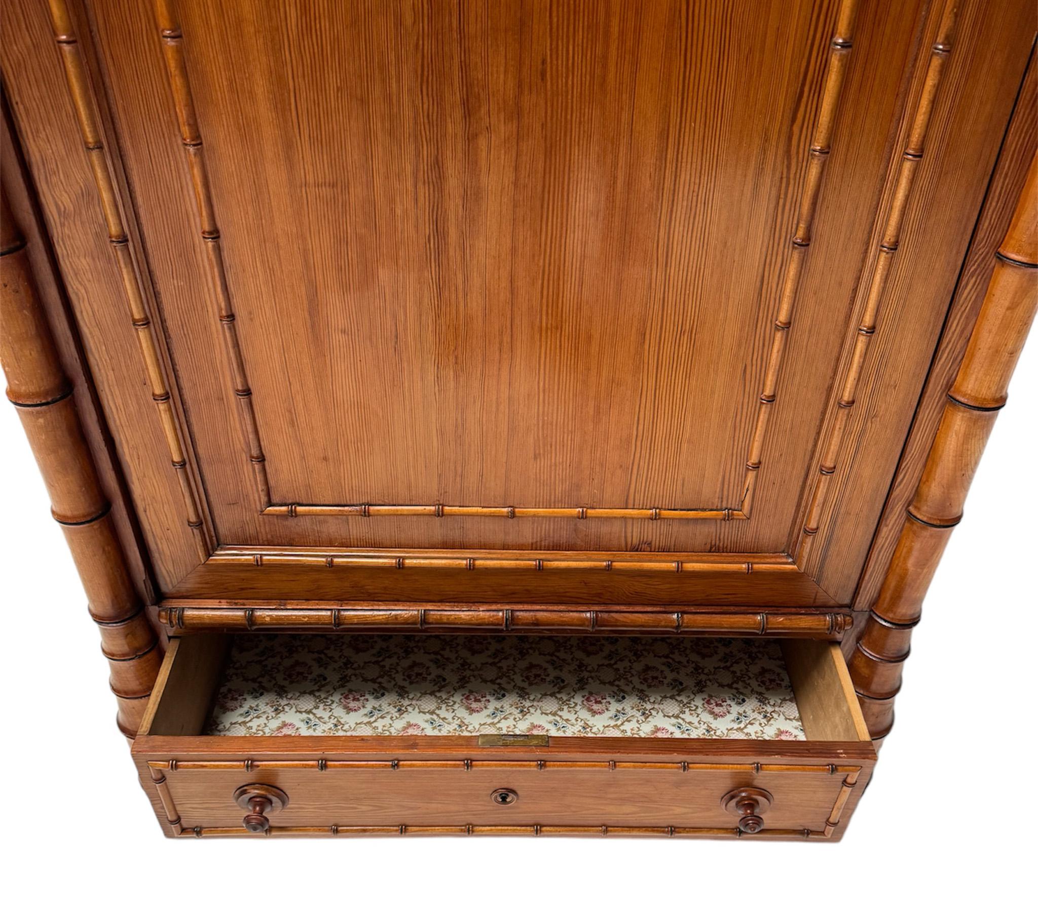 Early 20th Century French Pitch-Pine Faux Bamboo Armoire or Wardrobe, 1900s