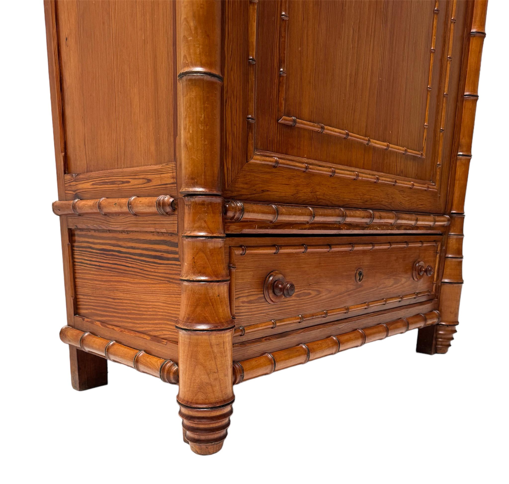 French Pitch-Pine Faux Bamboo Armoire or Wardrobe, 1900s 1