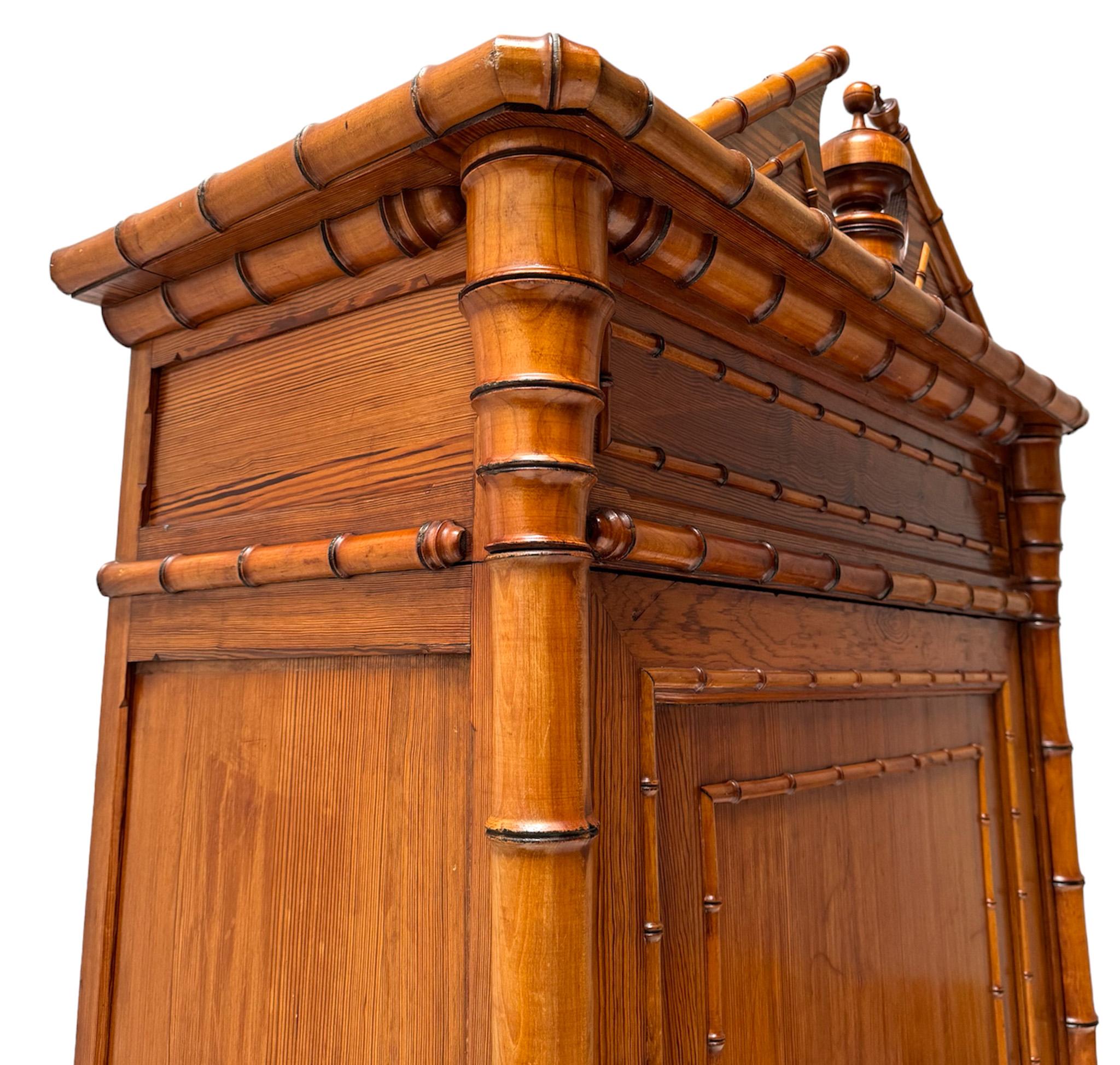 French Pitch-Pine Faux Bamboo Armoire or Wardrobe, 1900s 2