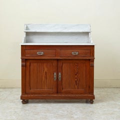 French Pitch Pine Vanity Table Wash Stand with White Marble Top, circa 1900