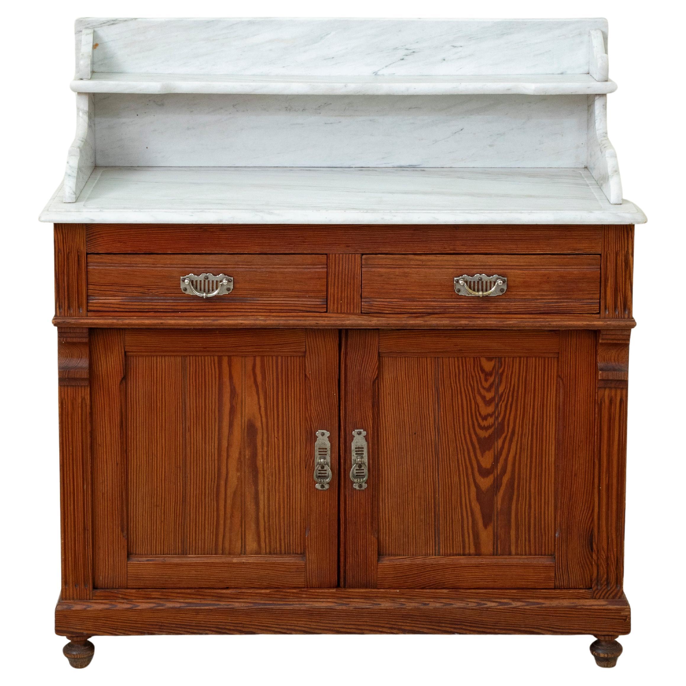 French Pitch Pine Vanity Table Wash Stand with White Marble Top, circa 1900