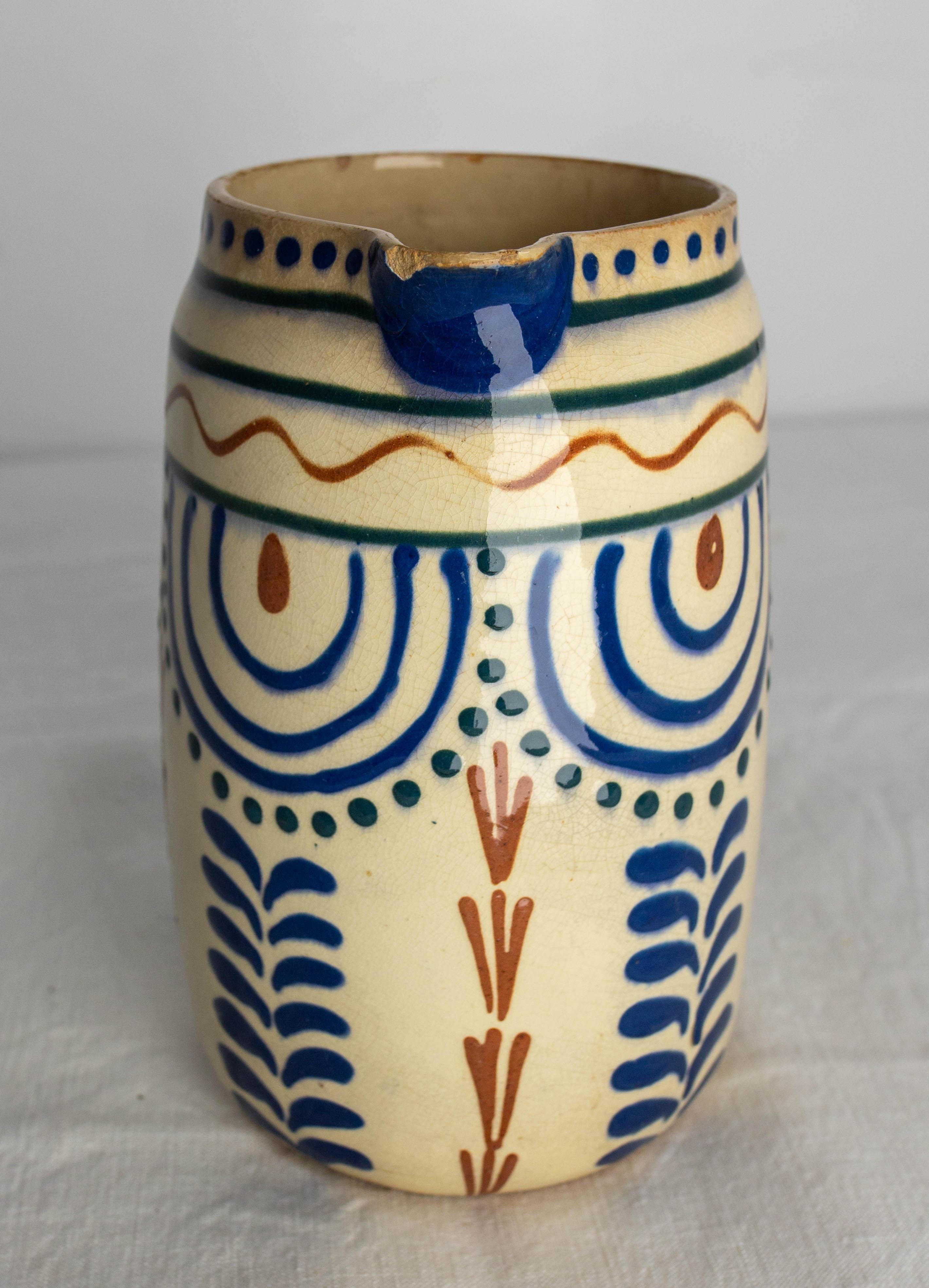 Mid-Century Modern French Pitcher Glazed Ceramic Red & Blue Patterns, Midcentury For Sale