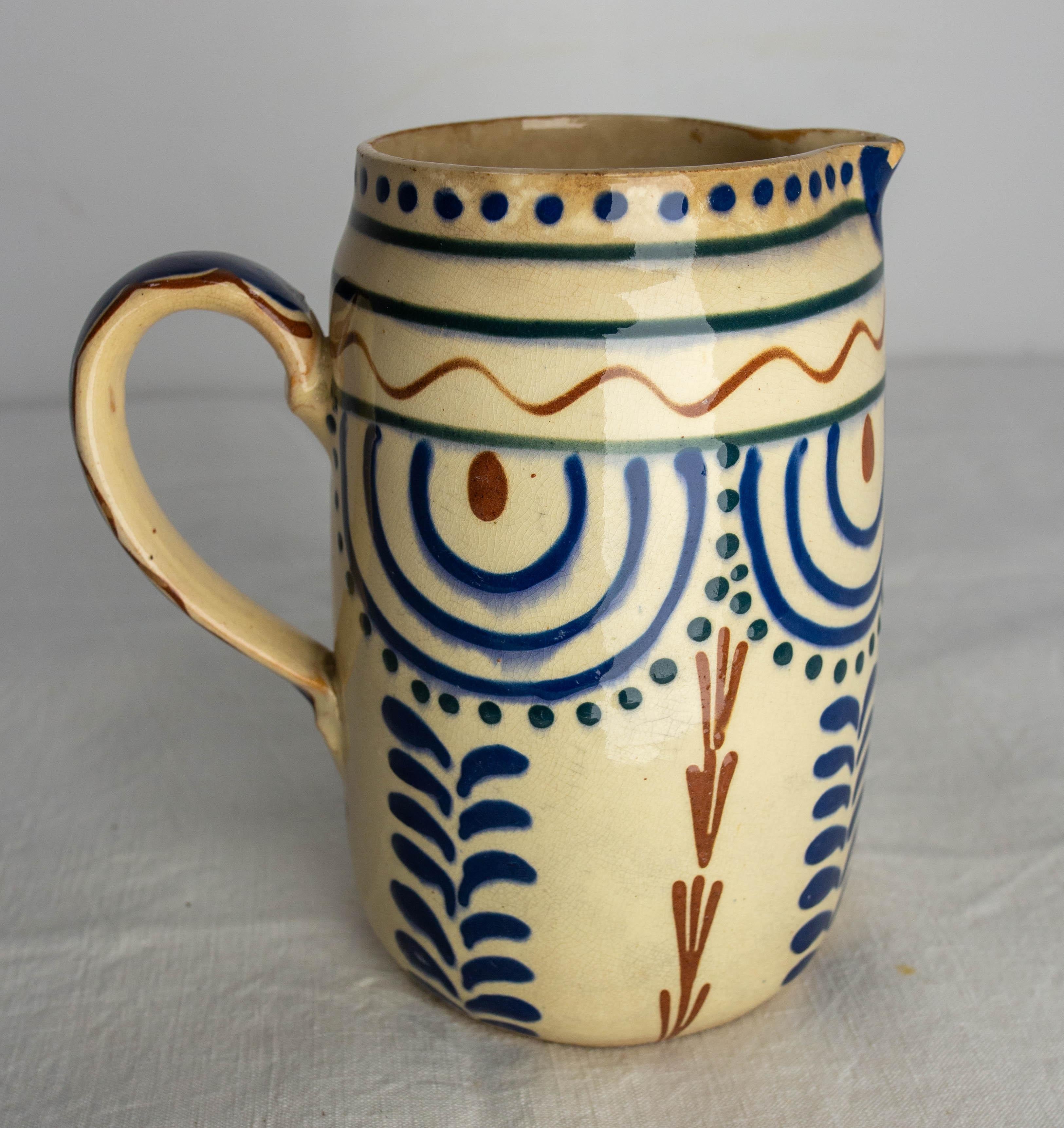 20th Century French Pitcher Glazed Ceramic Red & Blue Patterns, Midcentury For Sale