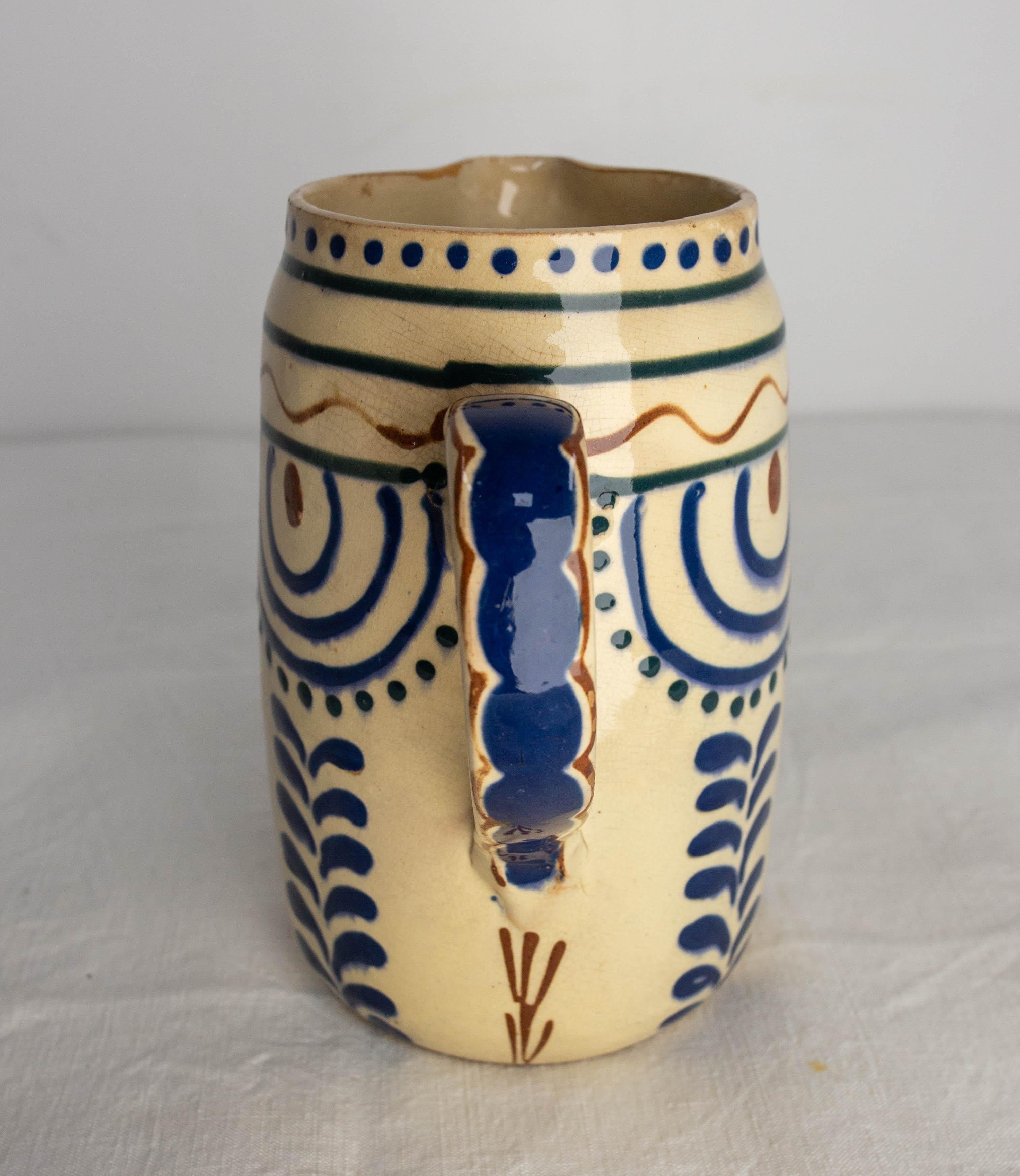 French Pitcher Glazed Ceramic Red & Blue Patterns, Midcentury For Sale 1
