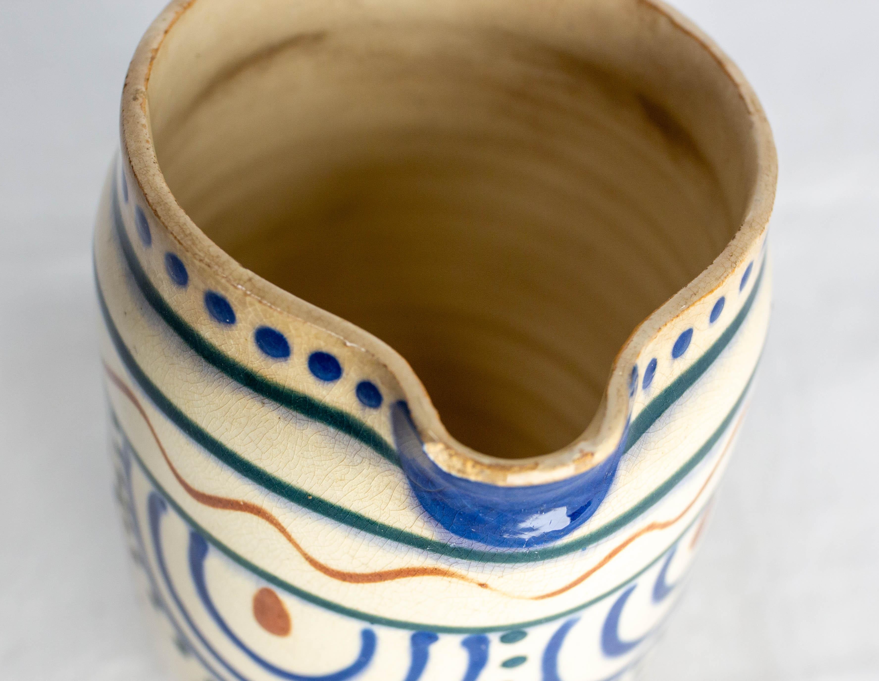 French Pitcher Glazed Ceramic Red & Blue Patterns, Midcentury For Sale 2