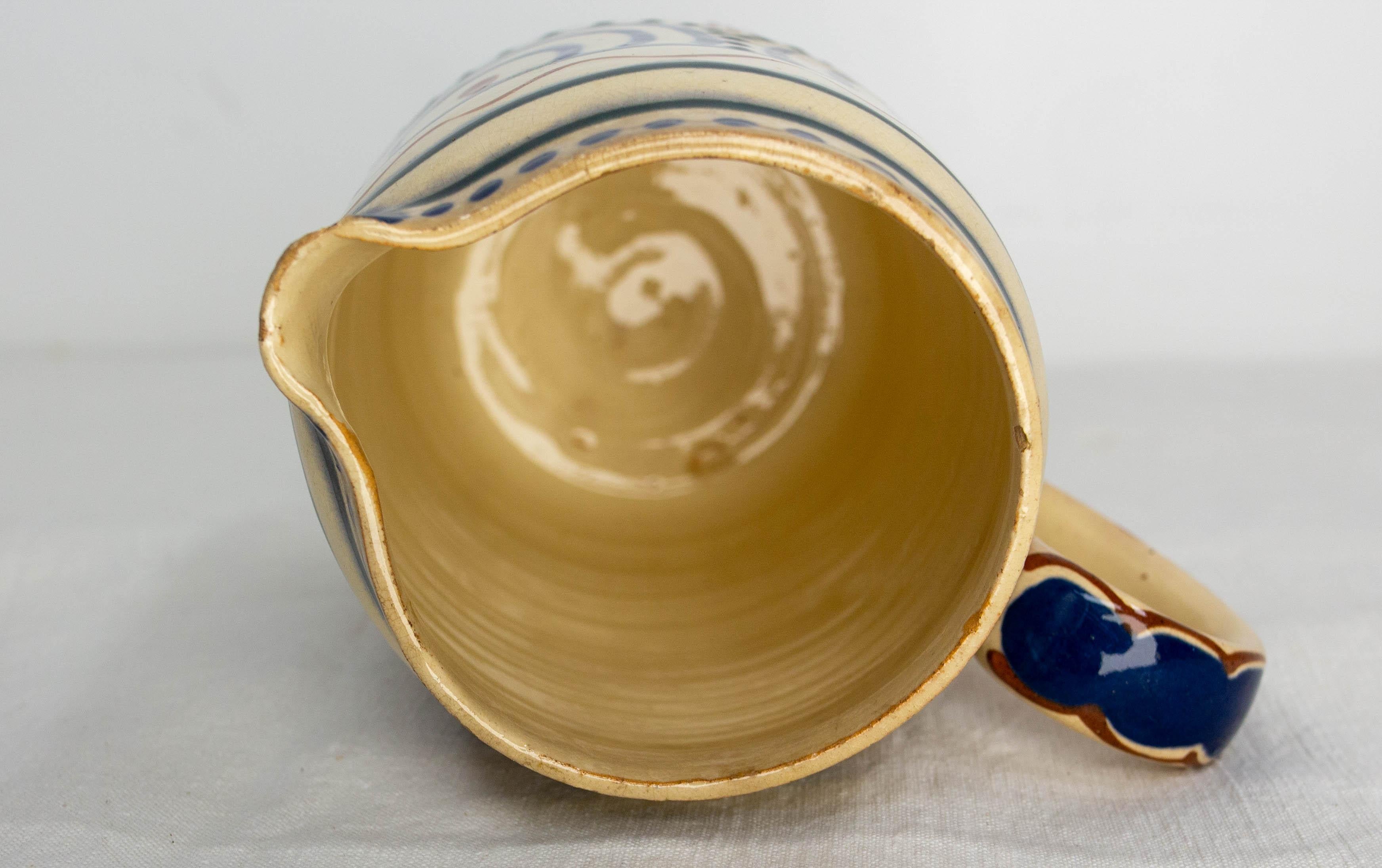 French Pitcher Glazed Ceramic Red & Blue Patterns, Midcentury For Sale 3
