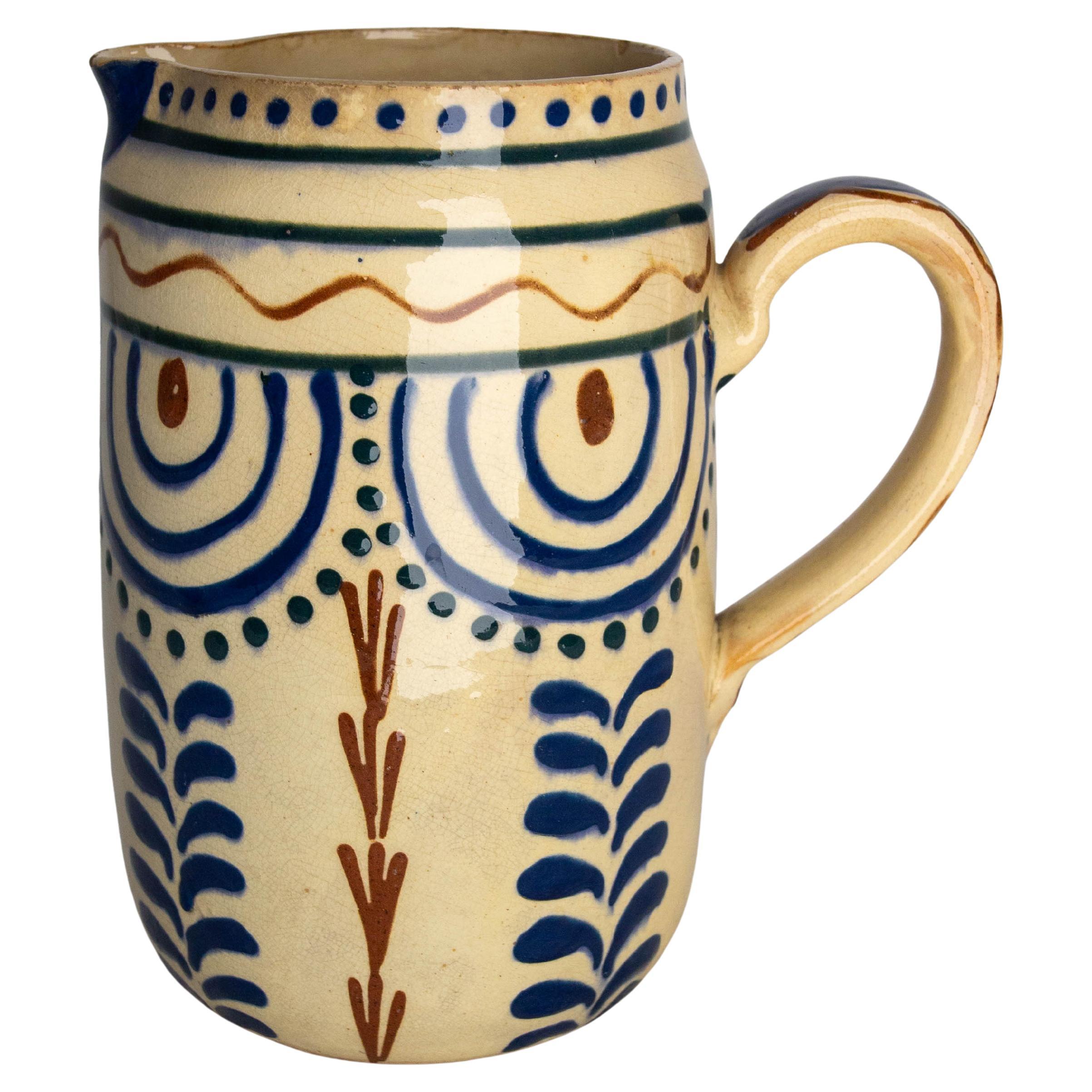 French Pitcher Glazed Ceramic Red & Blue Patterns, Midcentury