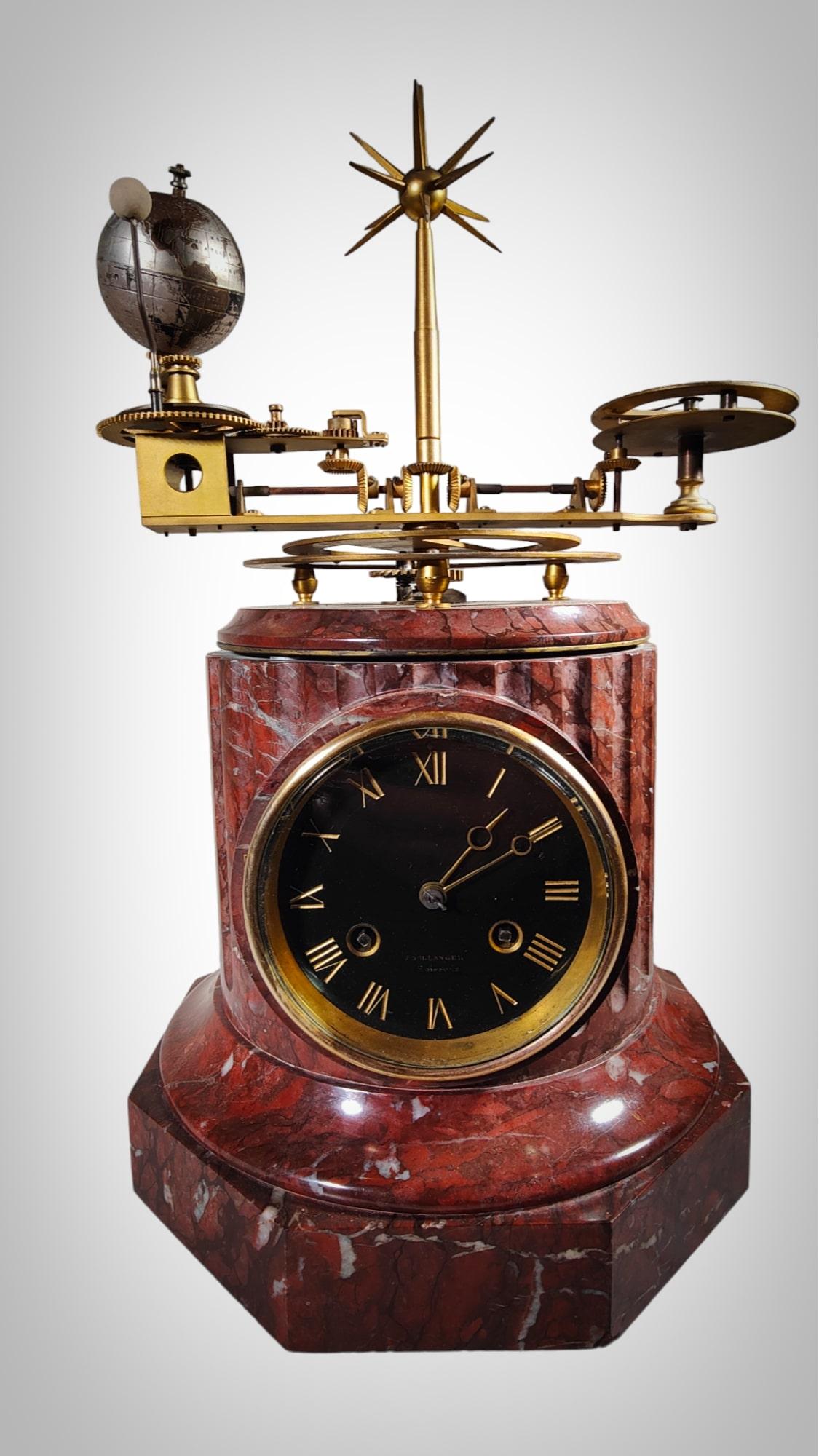 French Planetary Clock In Golden Brass And Tellurium Marble, Planetarium
Rare French planetary from the 19th century in brass and Royal Red marble base. There are two independent mechanisms, one for the clock which works and another for the