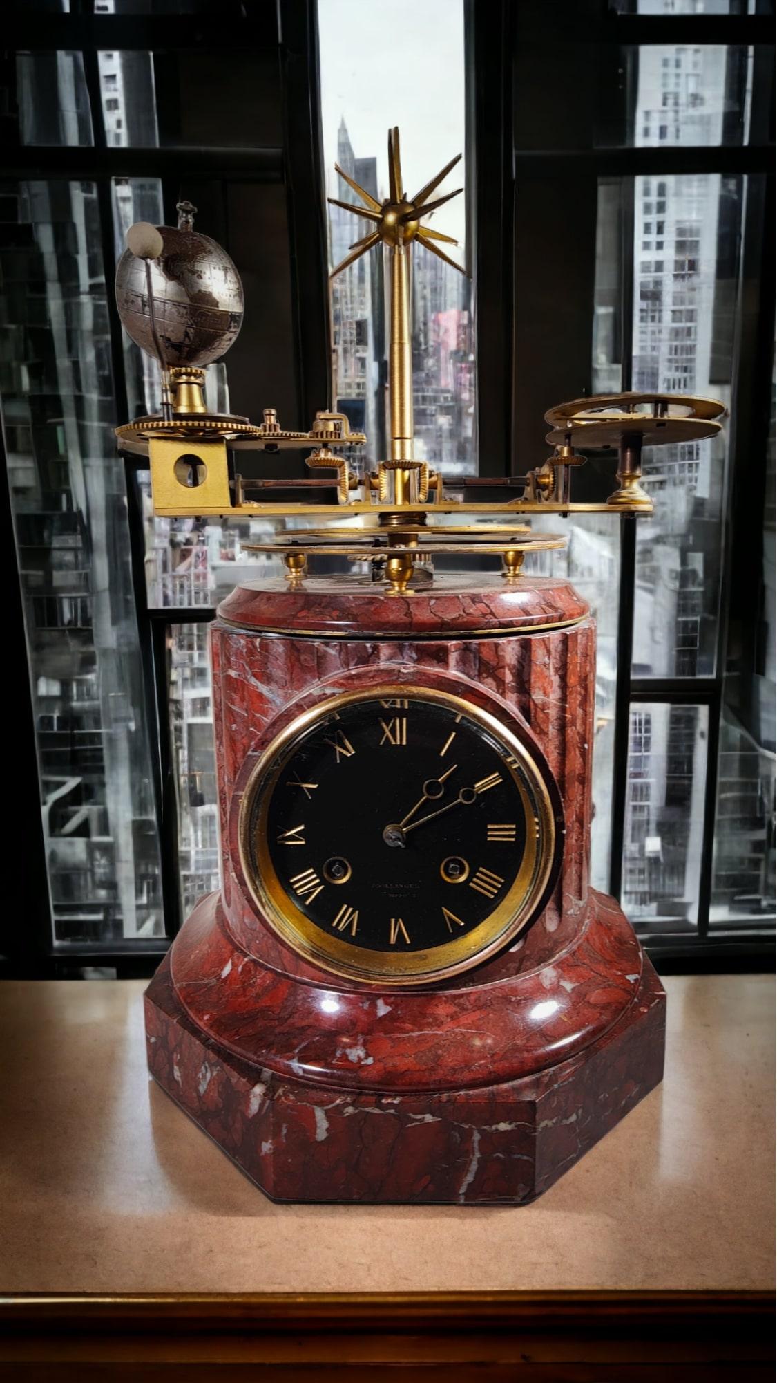 19th Century French Planetary Clock InGided Brass And  Marble Planetarium Tellurium For Sale