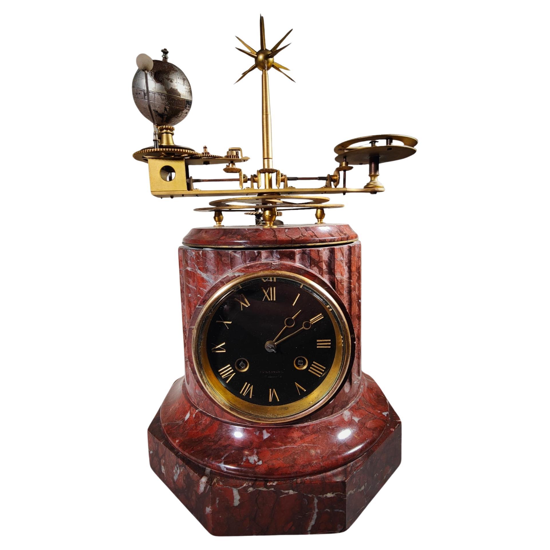French Planetary Clock InGided Brass And  Marble Planetarium Tellurium For Sale