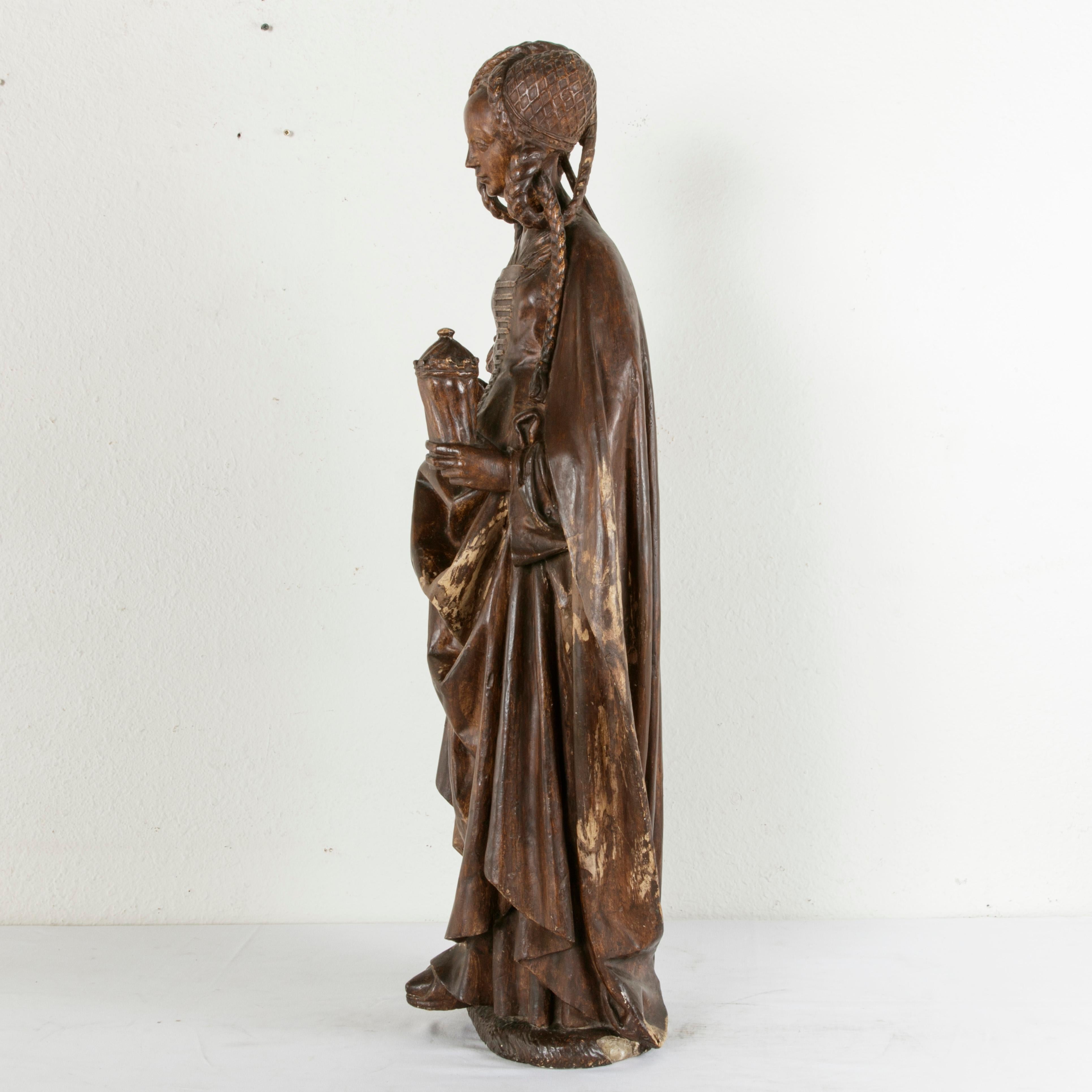 Patinated French Plaster on Wood Sculpture of Mary Magdalene in Renaissance Dress