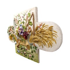 French Plaster Pediment, Hand-Painted Harvest Design, 1960s