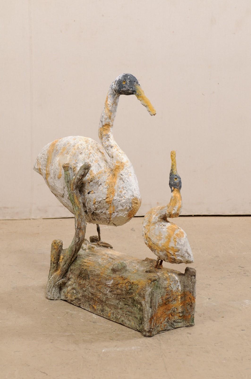 French Plaster Statue of Goose with Her Gooseling on Faux Bois Log For Sale 4