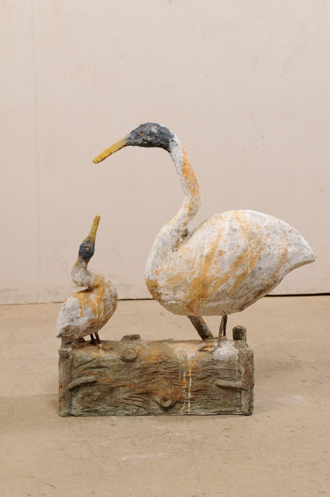 French Plaster Statue of Goose with Her Gooseling on Faux Bois Log In Good Condition For Sale In Atlanta, GA