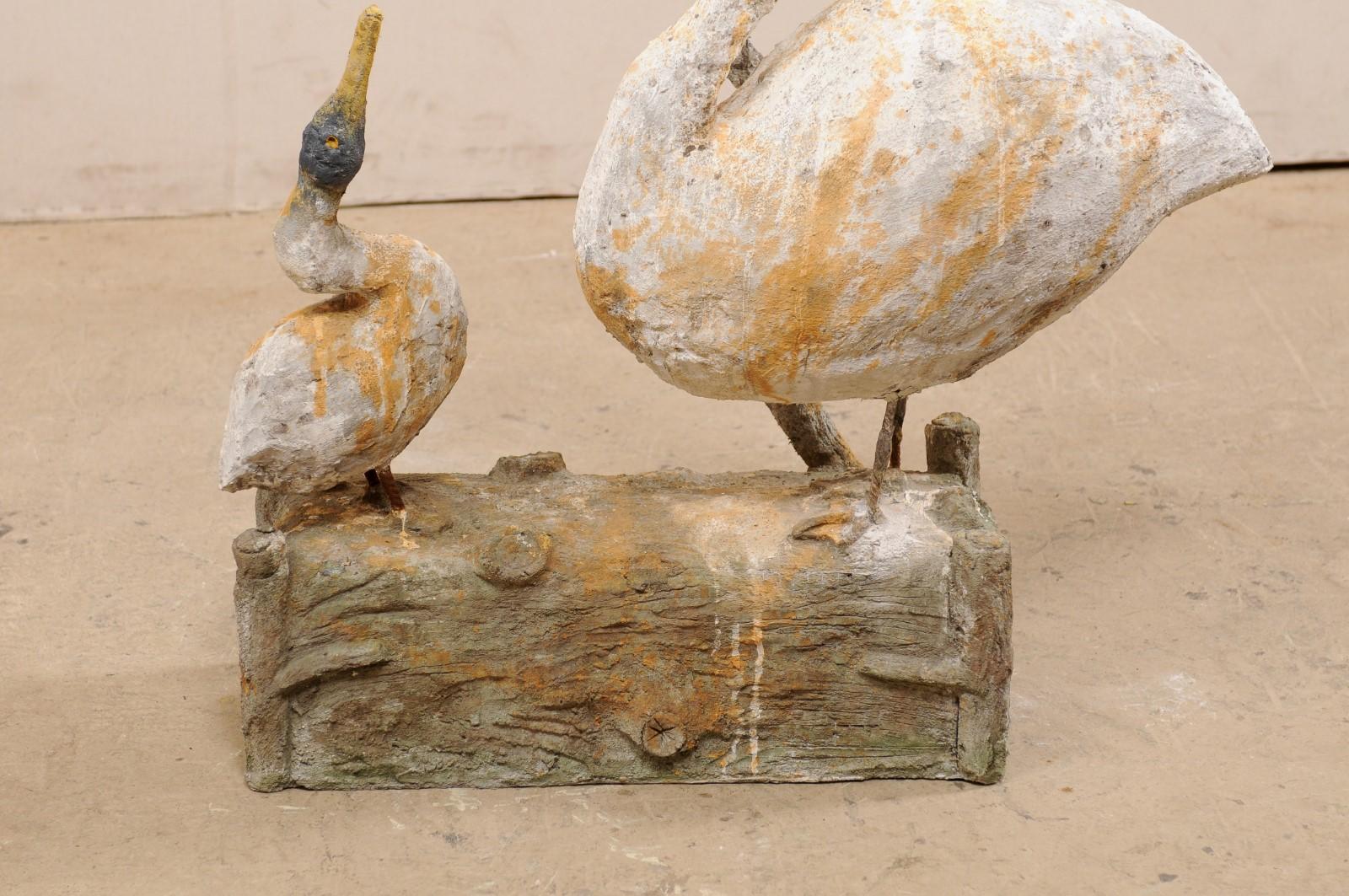 French Plaster Statue of Goose with Her Gooseling on Faux Bois Log For Sale 1