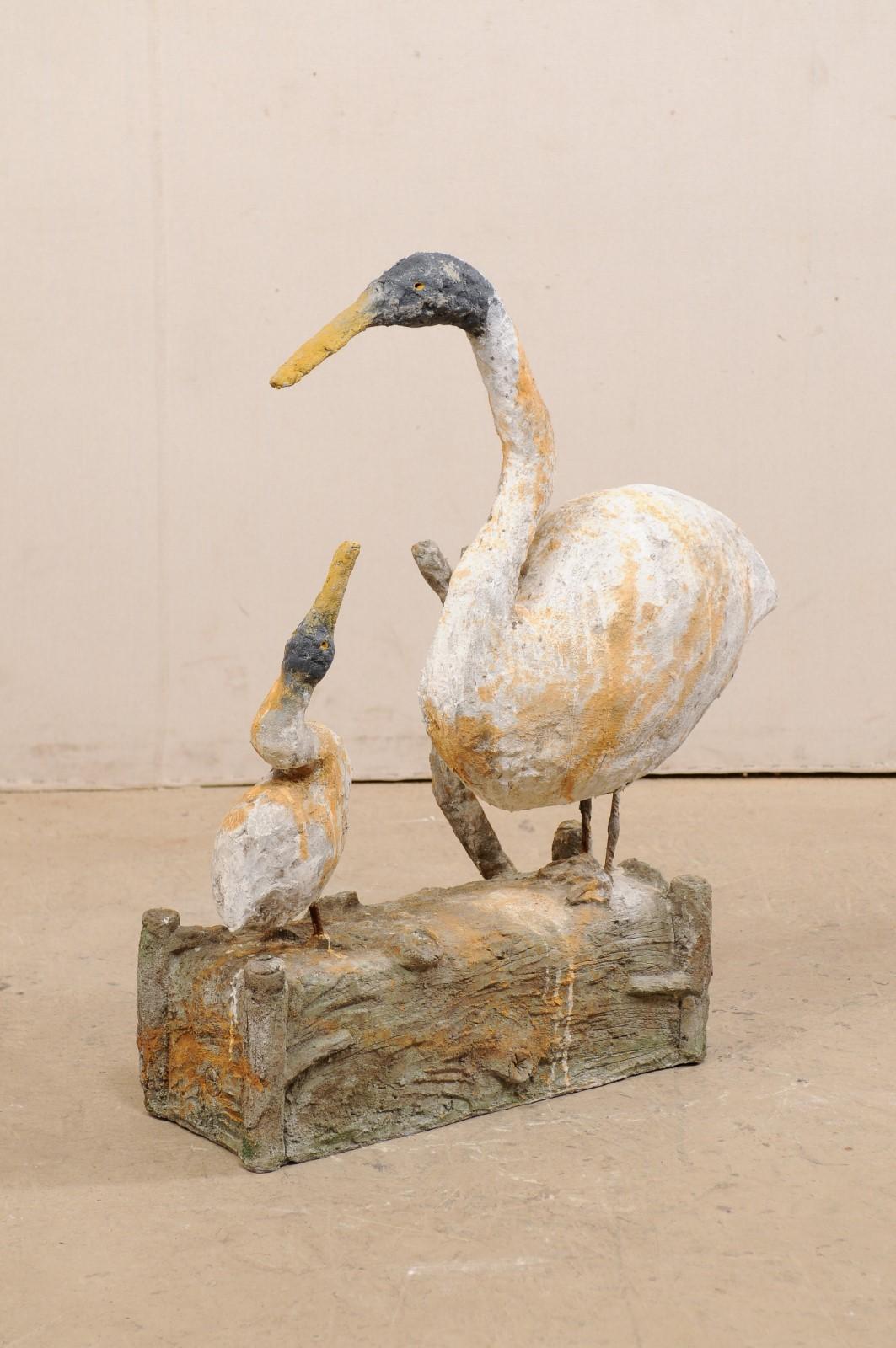 French Plaster Statue of Goose with Her Gooseling on Faux Bois Log For Sale 2