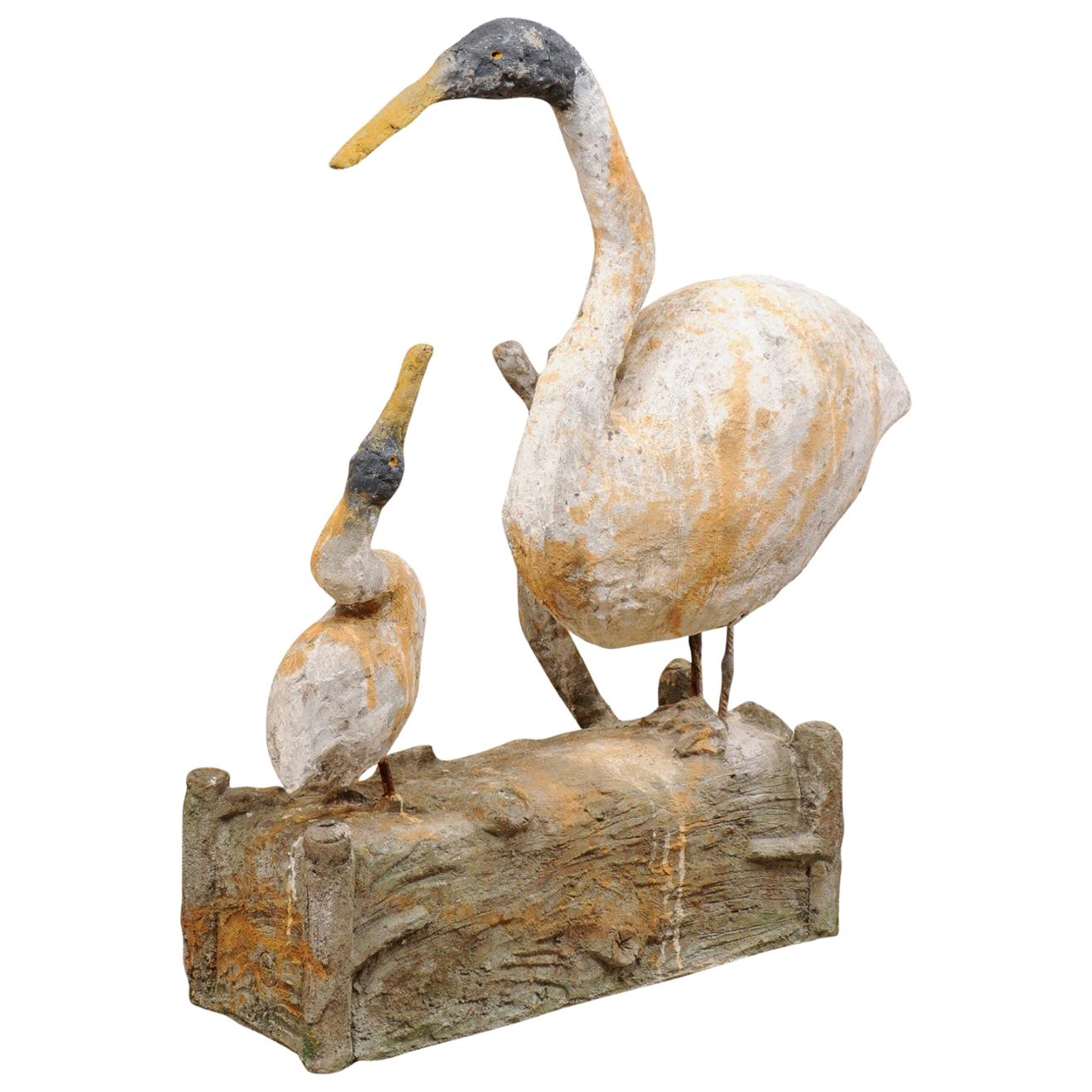 French Plaster Statue of Goose with Her Gooseling on Faux Bois Log