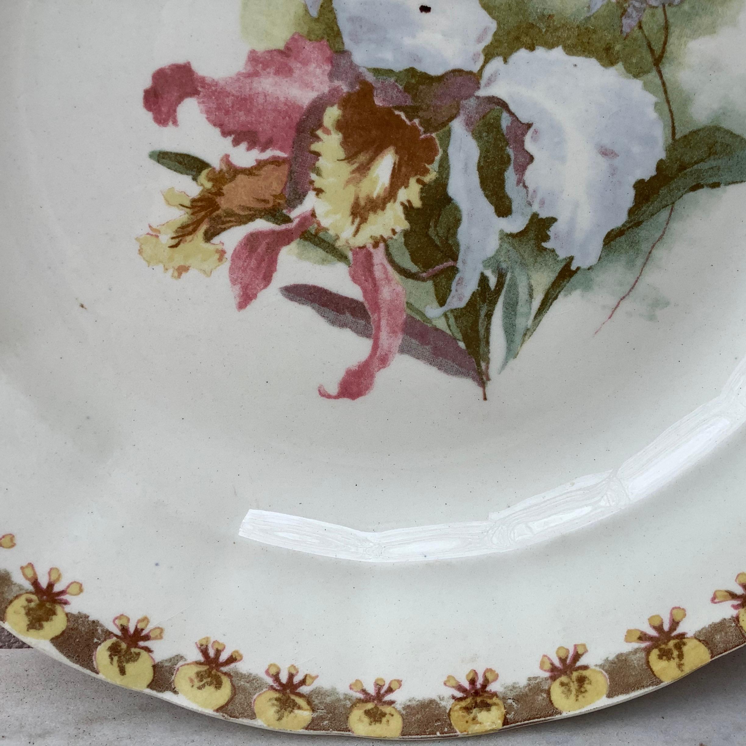 French Plate with Orchid Hippolyte Boulenger Choisy le Roi, circa 1890 In Good Condition In Austin, TX
