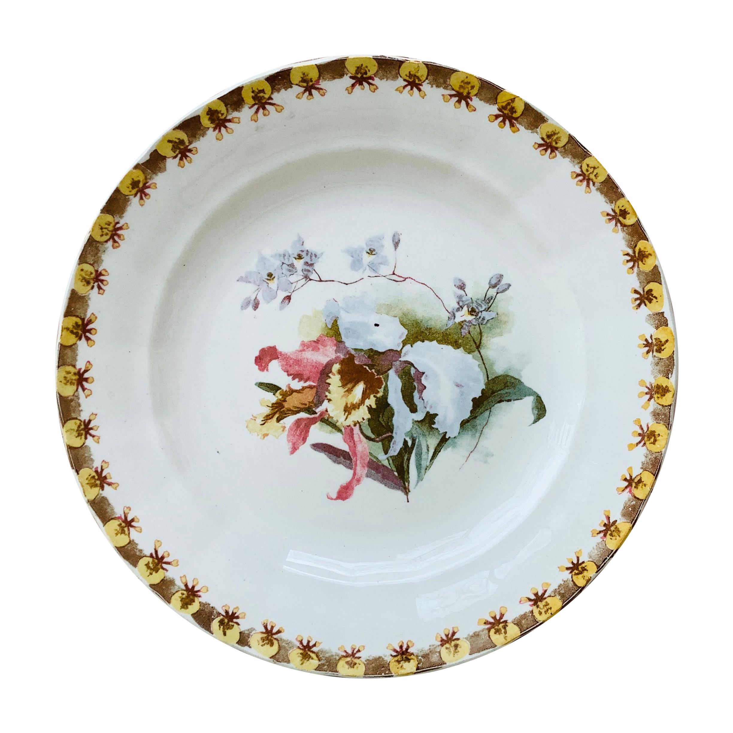 French Plate with Orchid Hippolyte Boulenger Choisy le Roi, circa 1890