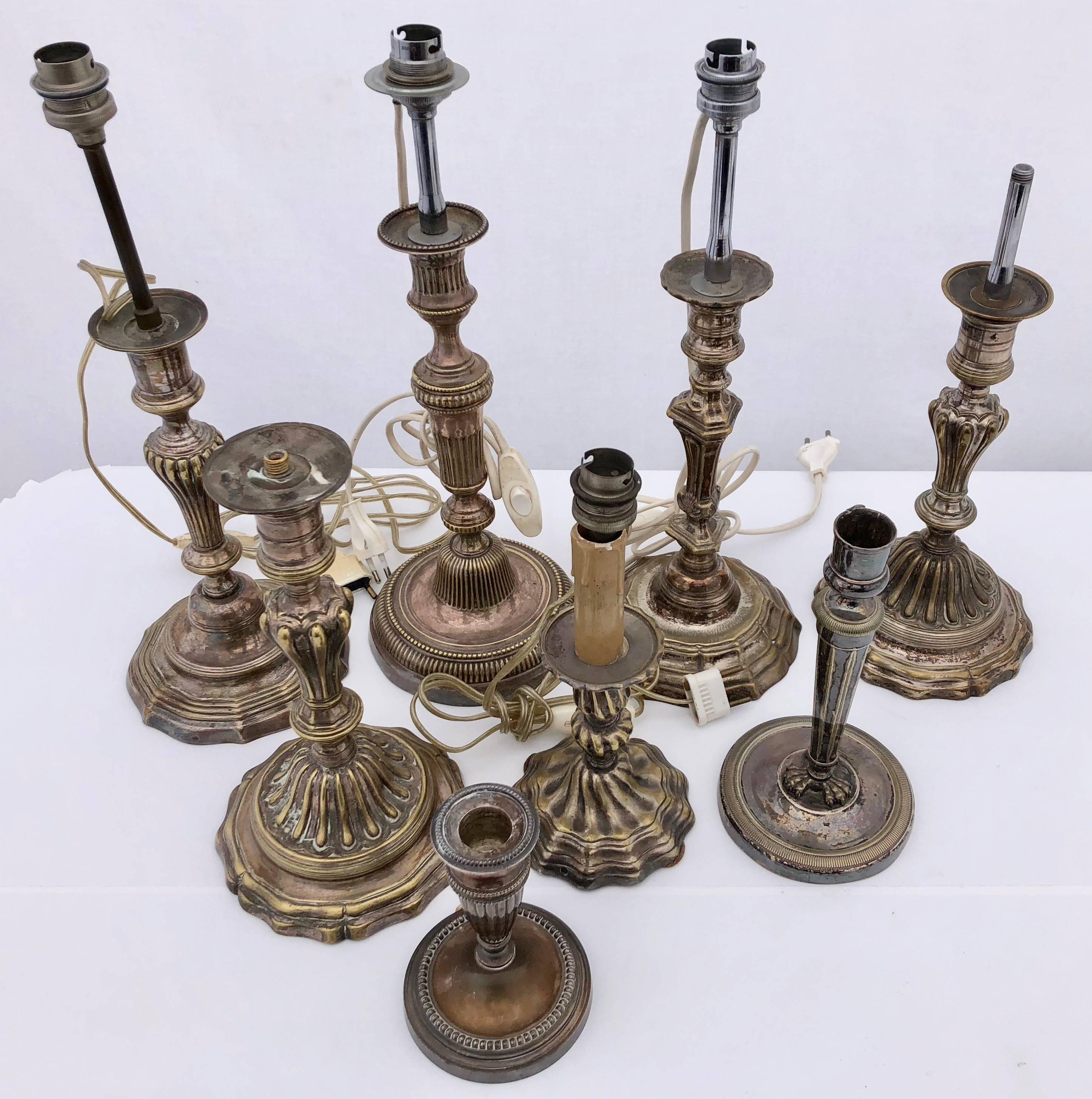 This is a lovely collection of eight former French candlestick holders that have been transformed into lamps. Four are still wired for France. All could easily be wired for American use.
Largest D 5.25 x W 5.25 x H 15.25.