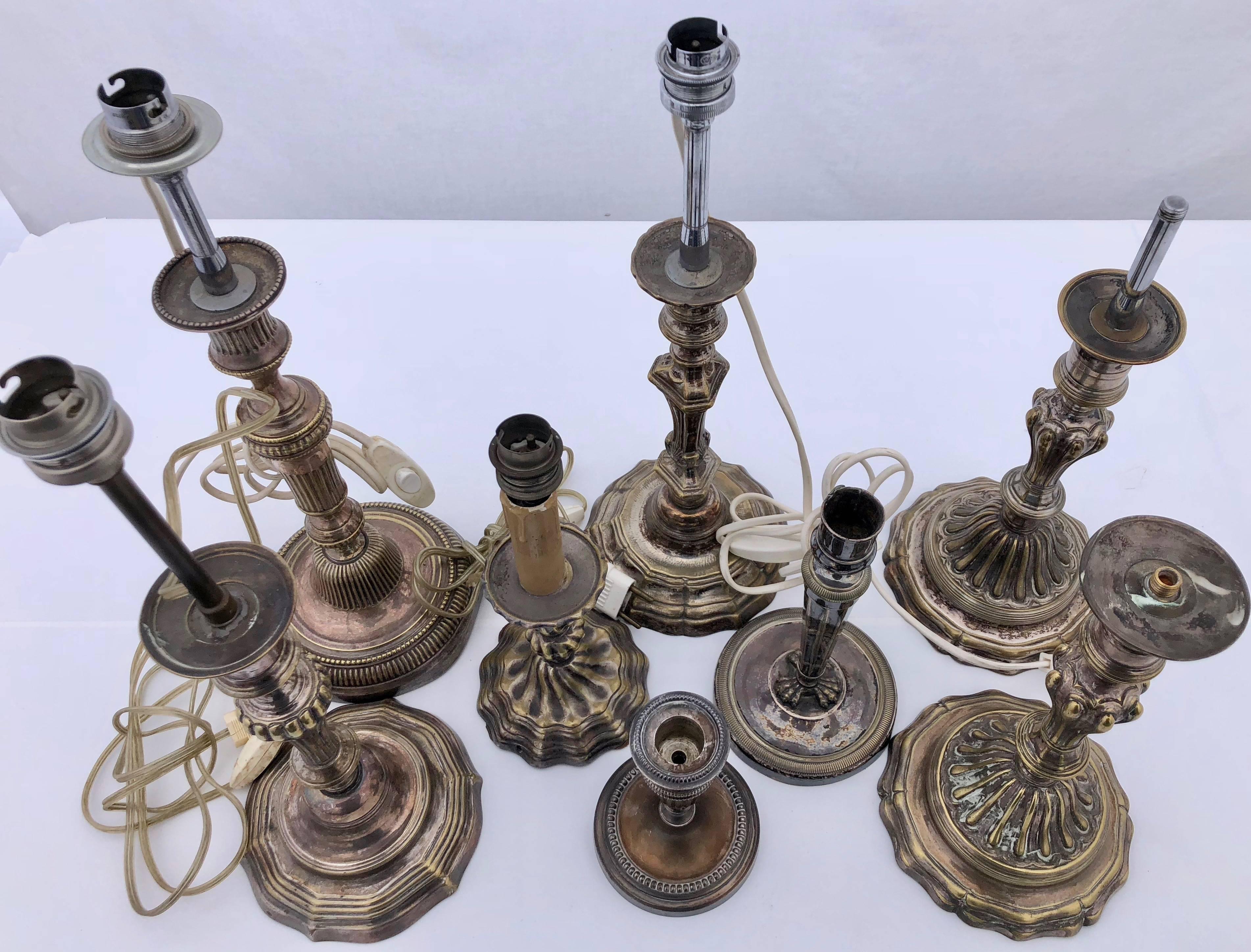 Louis XVI French Plated Silver Lamps, Set of Eight, Former Candlestick Holders For Sale