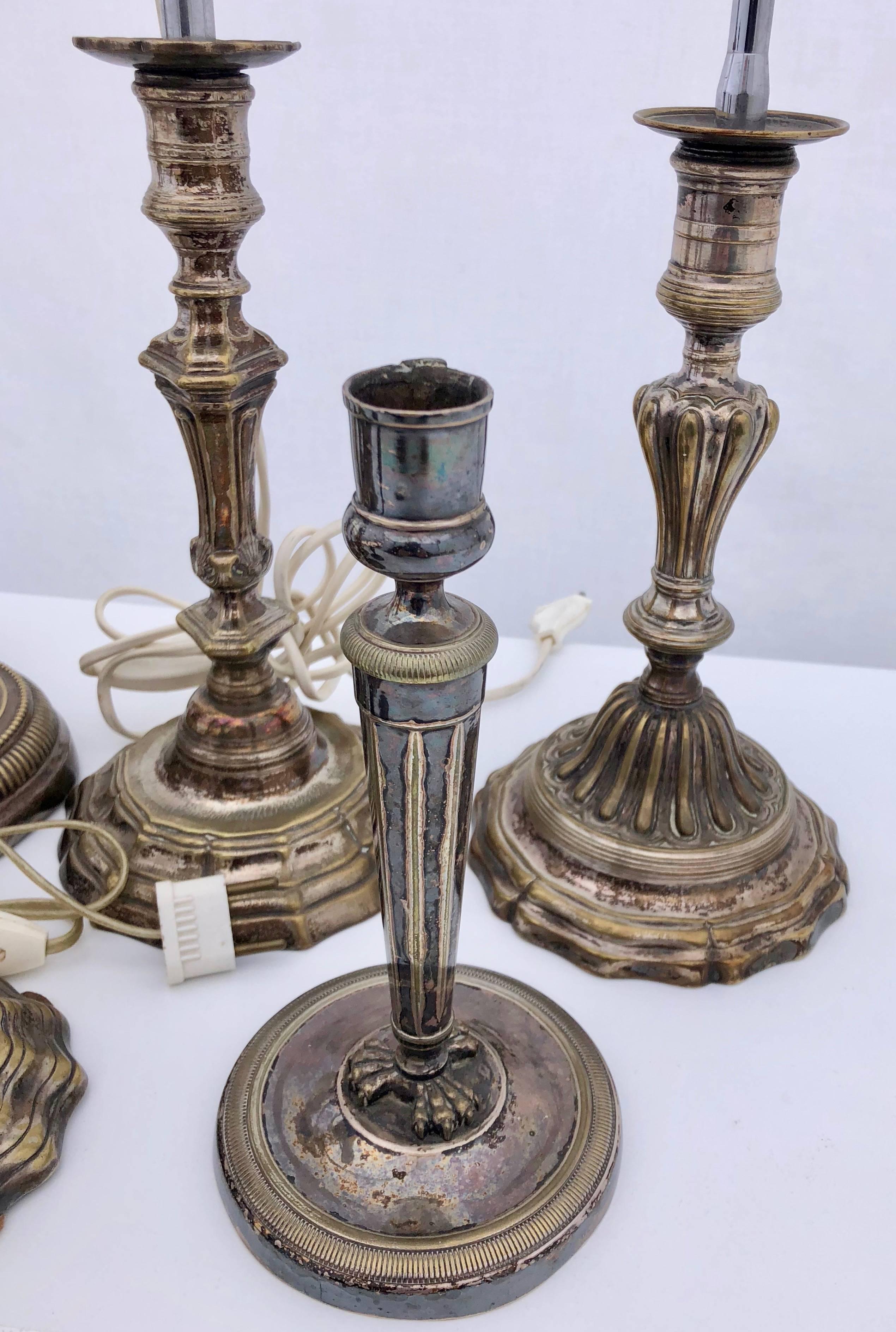 20th Century French Plated Silver Lamps, Set of Eight, Former Candlestick Holders For Sale