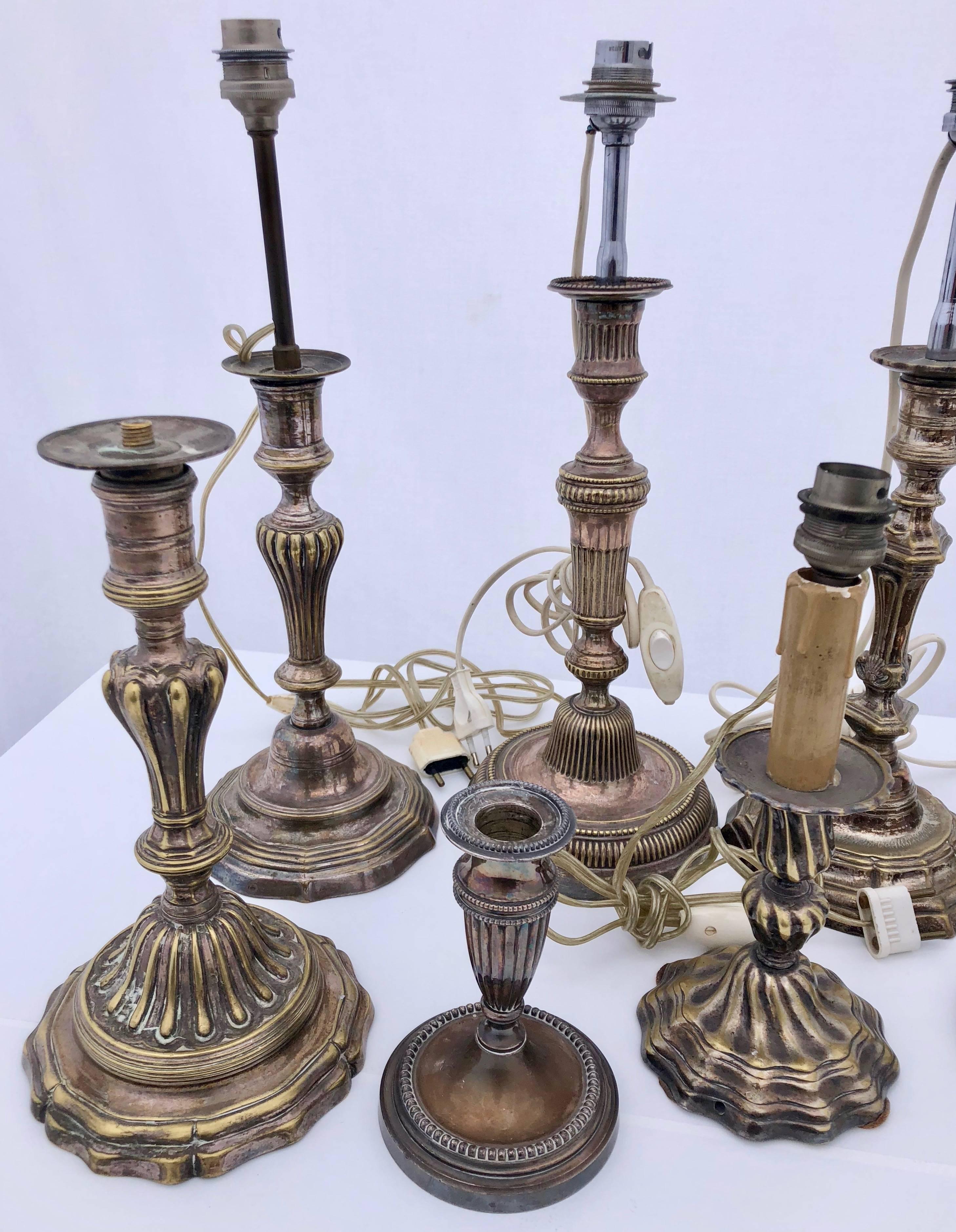 French Plated Silver Lamps, Set of Eight, Former Candlestick Holders For Sale 1