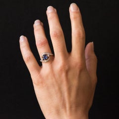French Platinum Gold Cushion Cut Sapphire Diamonds Swirl Ring
