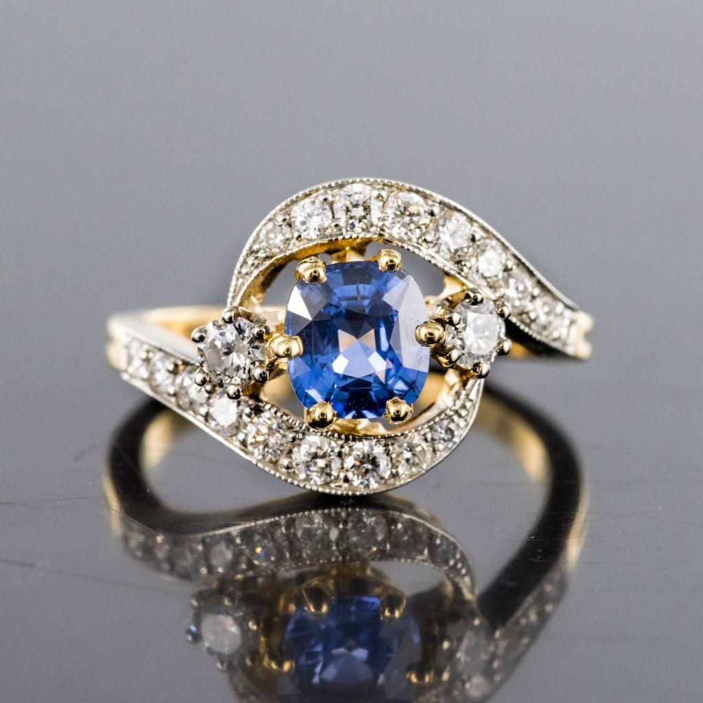 Belle Époque French Platinum Gold Cushion Cut Sapphire Diamonds Swirl Ring