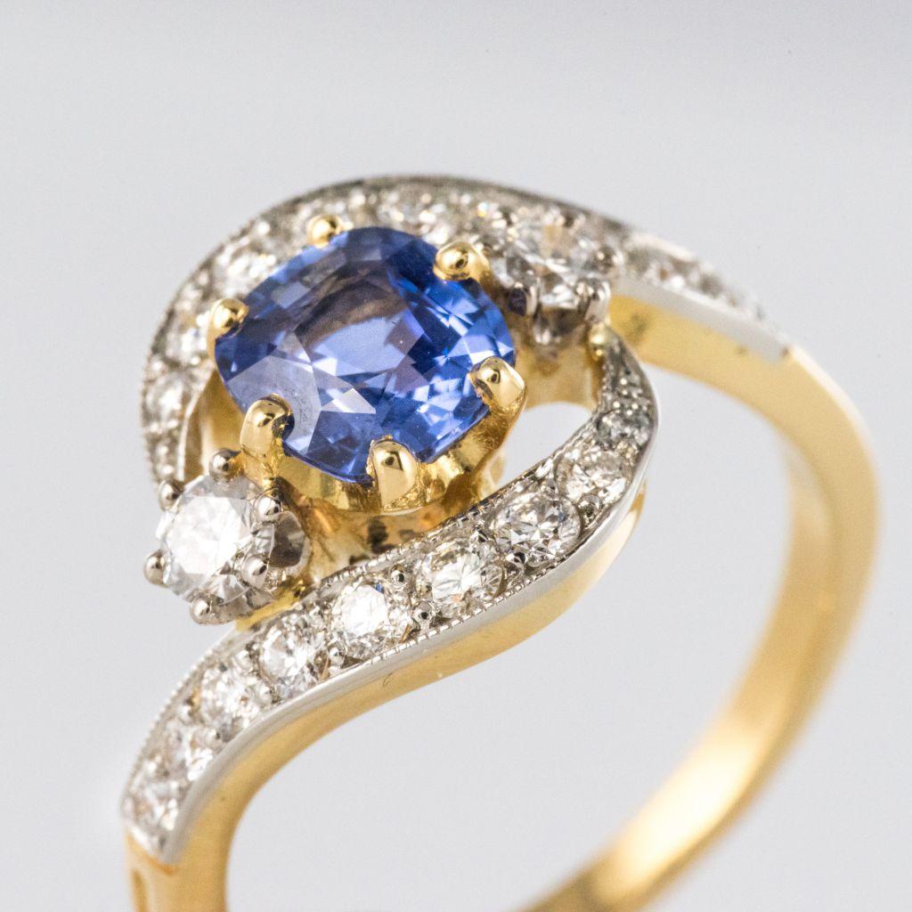 Women's French Platinum Gold Cushion Cut Sapphire Diamonds Swirl Ring