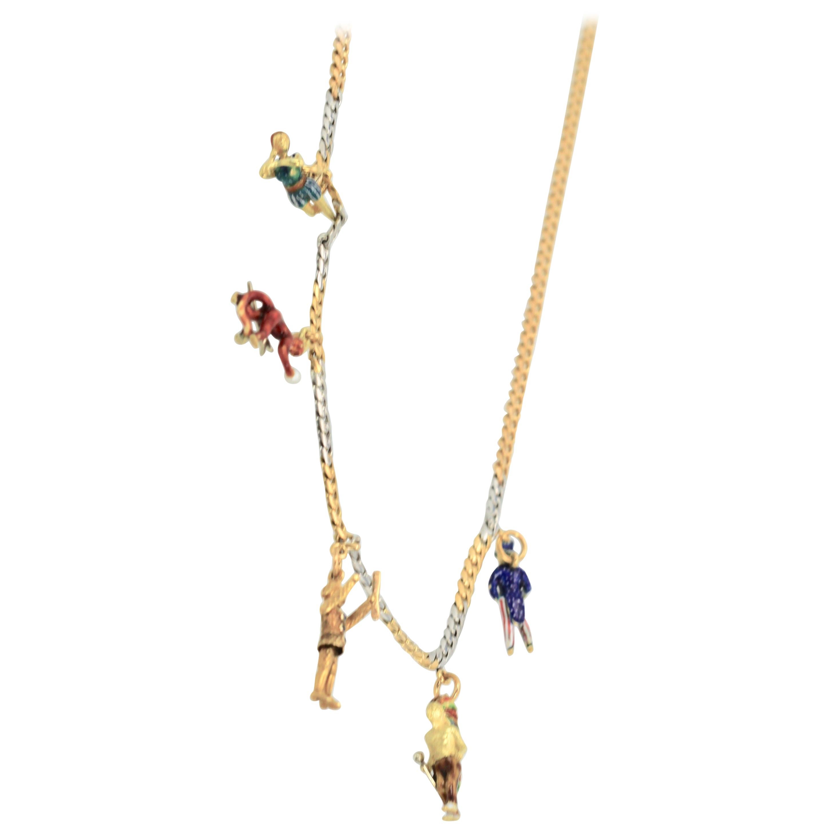 French Platinum 18 Karat Enamel Charm Necklace For Sale