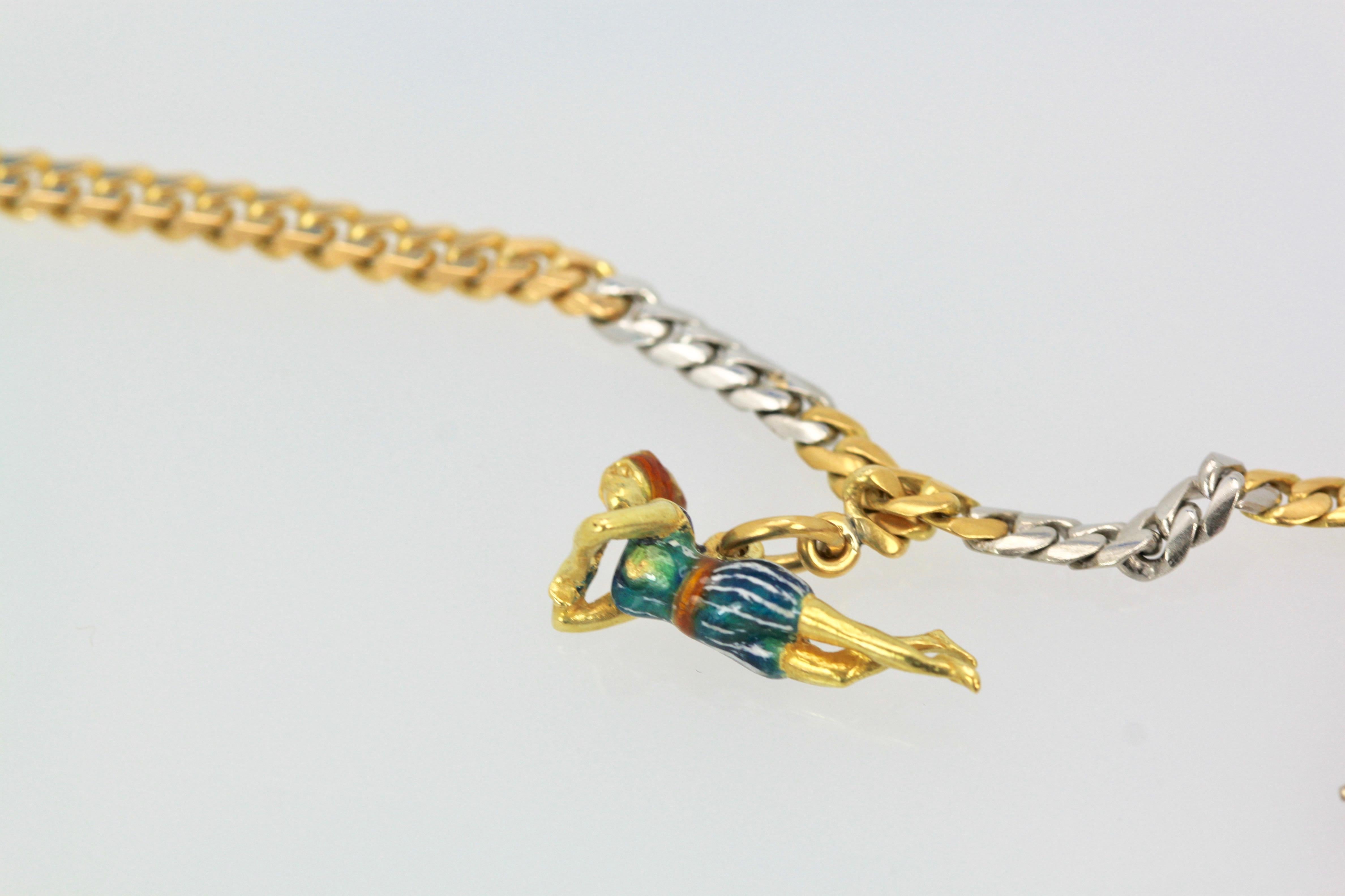 Artisan French Platinum 18 Karat Enamel Charm Necklace For Sale