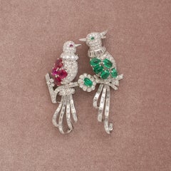 French Platinum 18K White Gold Diamond Ruby Emerald Bird Duette Brooch