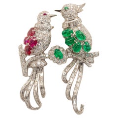 French Platinum 18K White Gold Diamond Ruby Emerald Bird Duette Brooch